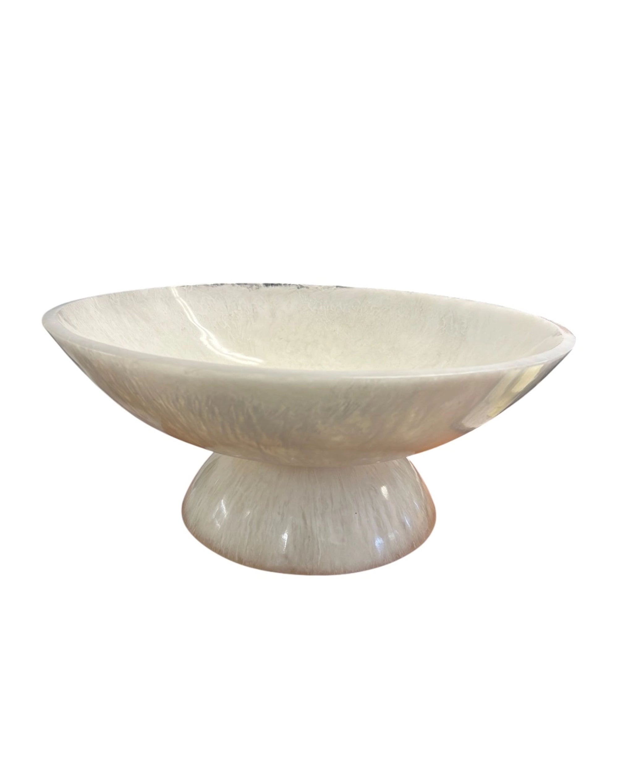 The BIDK Home White Resin Bowl 17.7" features a wide, shallow design with a pedestal base and glossy finish, offering a modern and elegant accent perfect for contemporary spaces.