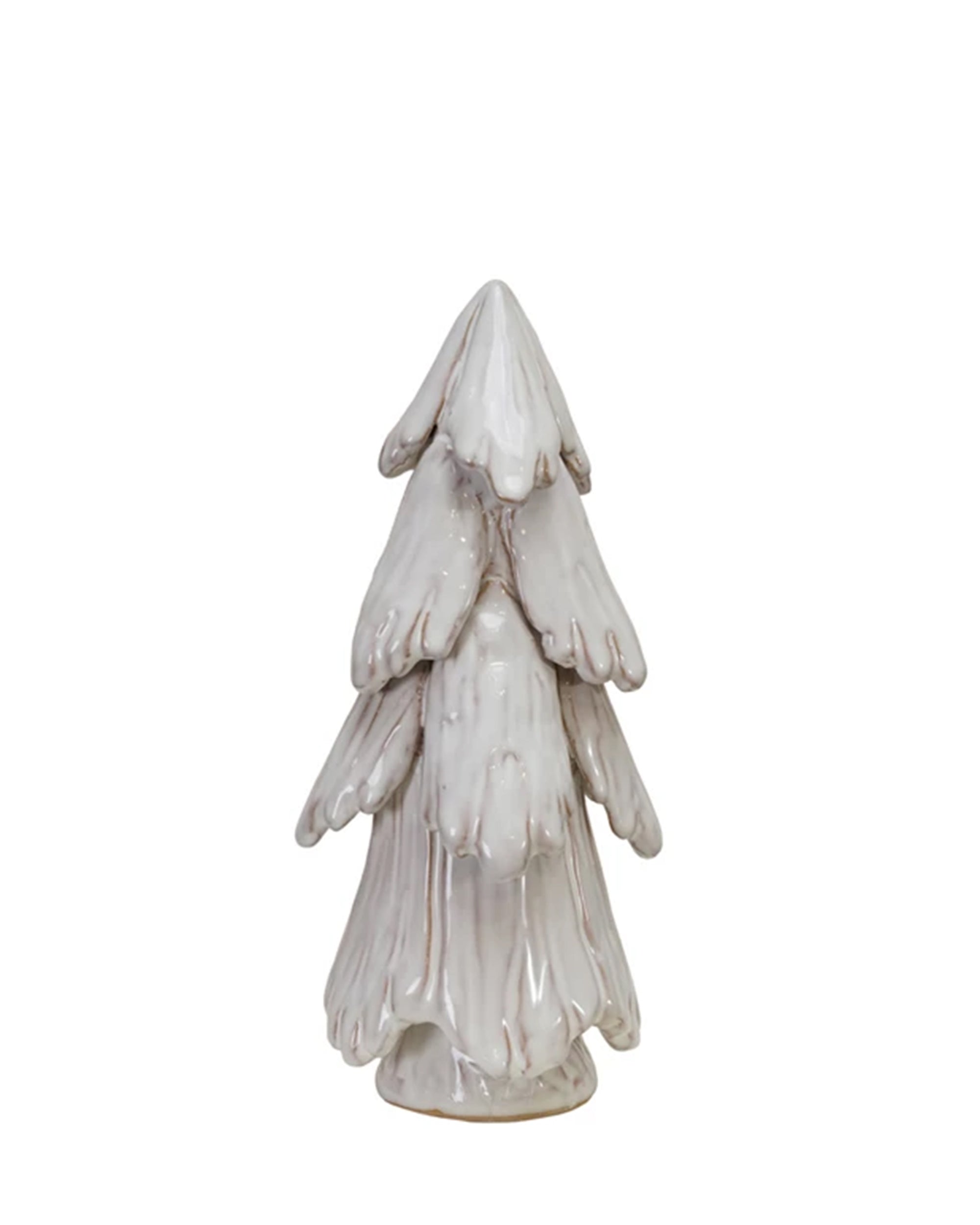 The Creative Co-op Stoneware Tree White L is a handmade pine-shaped figurine, glazed in glossy off-white with subtle brown accents and a reactive finish, shown upright against a white background.