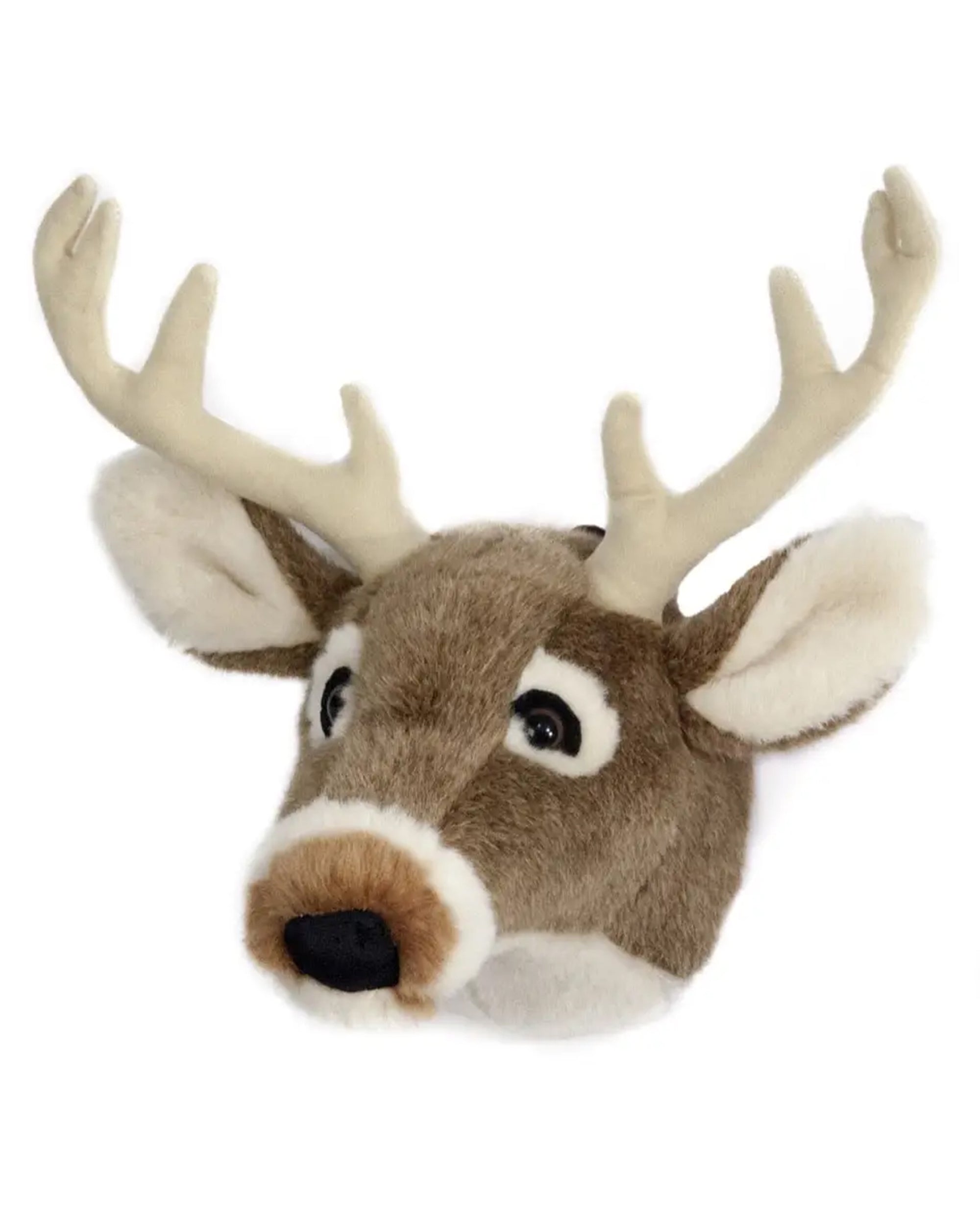 The White Tail Deer Large Trophy Head by Faire is a plush wall décor piece, ideal for outdoor enthusiasts who want to add a whimsical accent to any space.