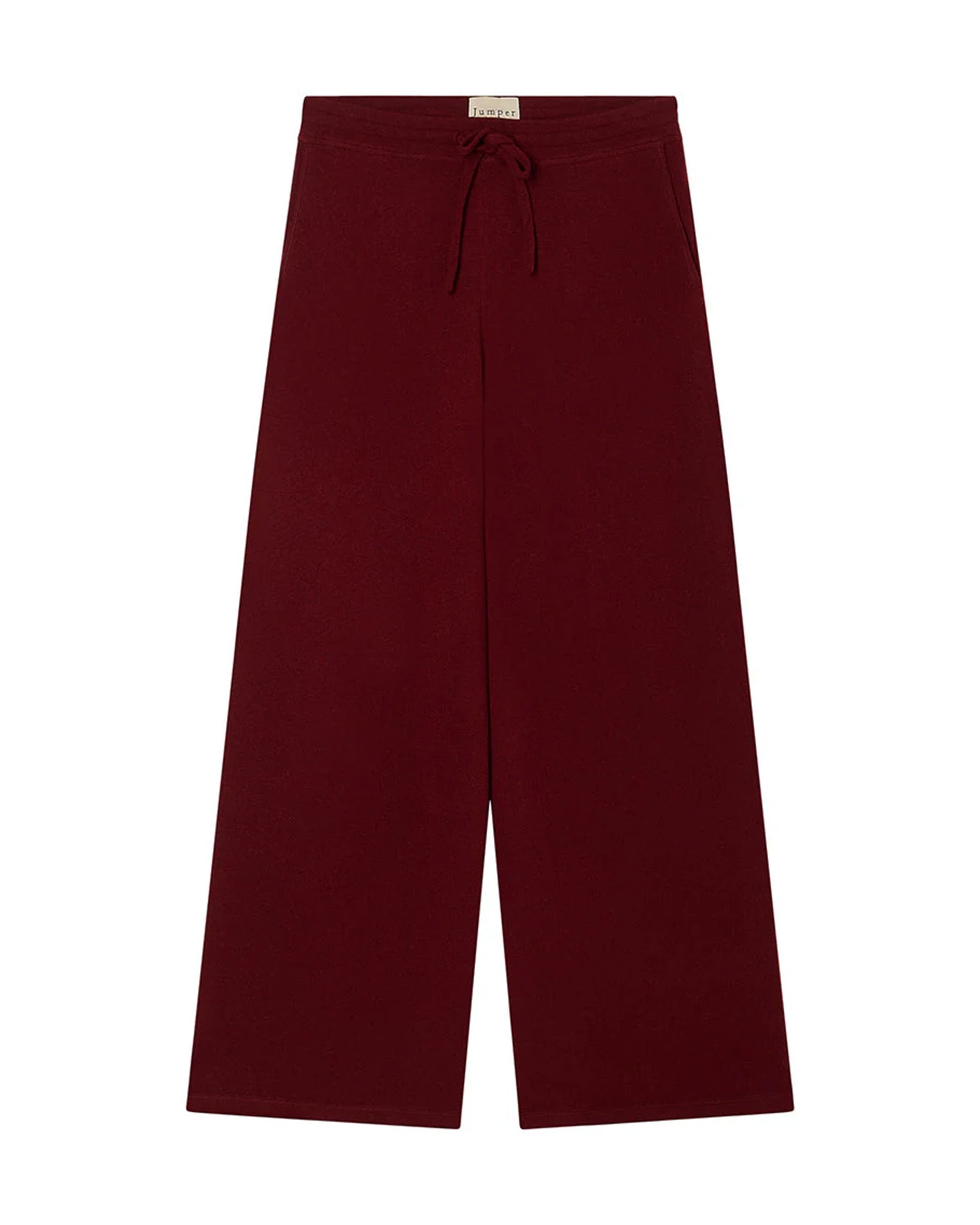 Jumper 1 2 3 4/CR2 Wide Leg Joggers in maroon, featuring a high-waisted knit design, elastic waistband, and drawstring tie, shown laid flat on a white background.