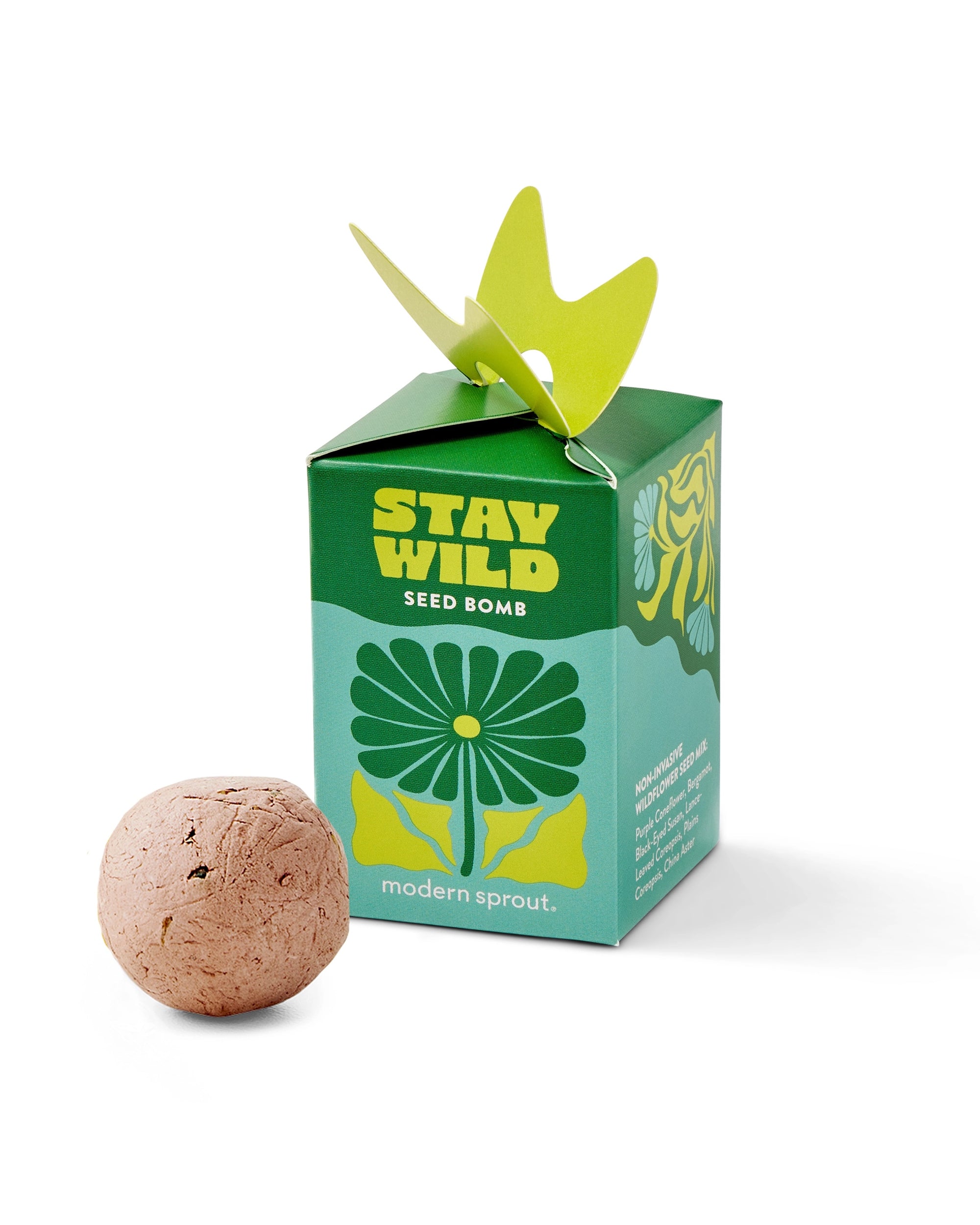 A small green box labeled "Seed Bomb Refresh" by Faire, featuring a floral design and butterfly-shaped top, sits beside a round wildflower seed ball—perfect for creating a pollinator habitat.