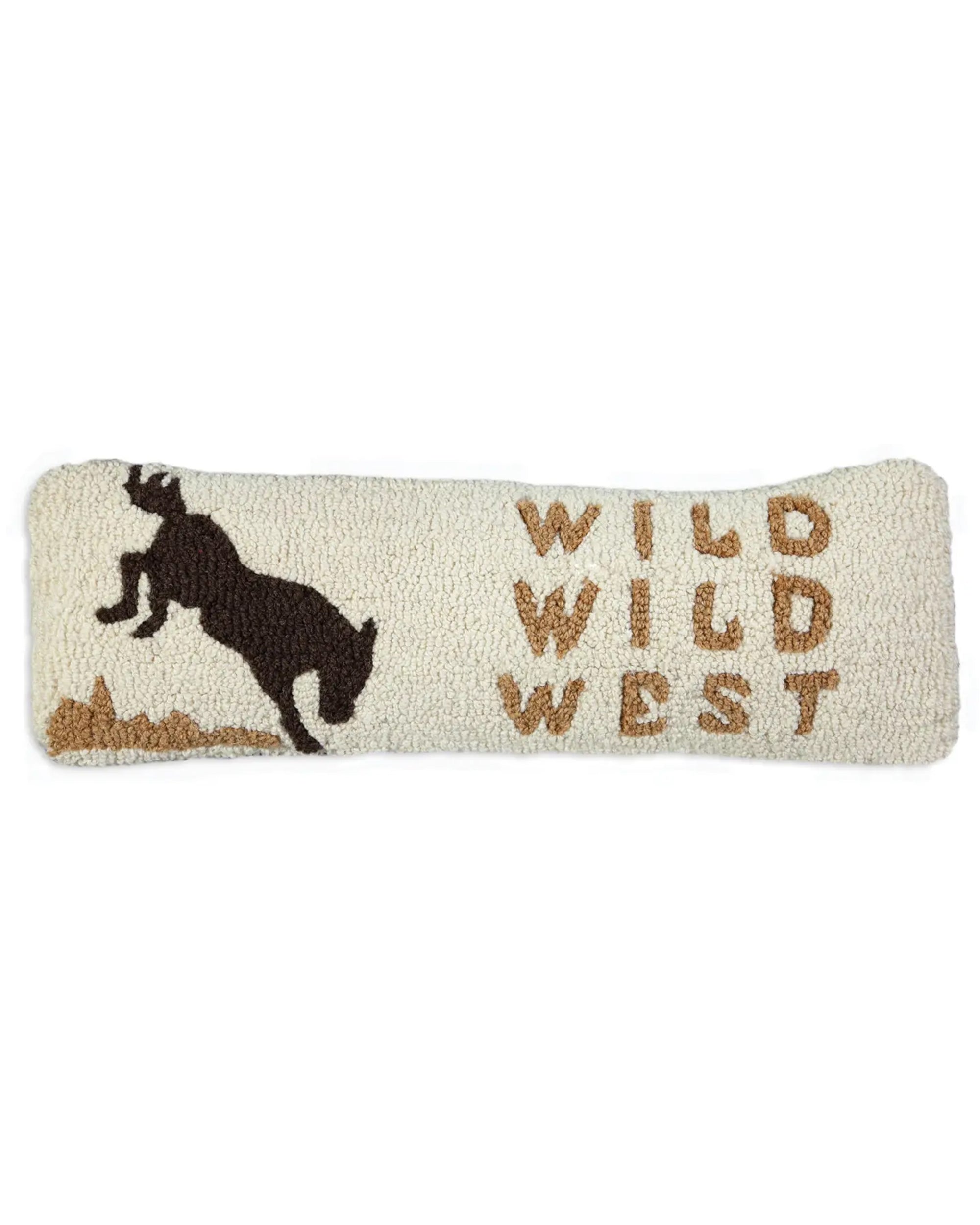 The C4C Wild Wild West Pillow by Faire is a rectangular, cream-colored wool pillow with a brown bucking horse and rider on the left and "WILD WILD WEST" stitched in brown on the right.