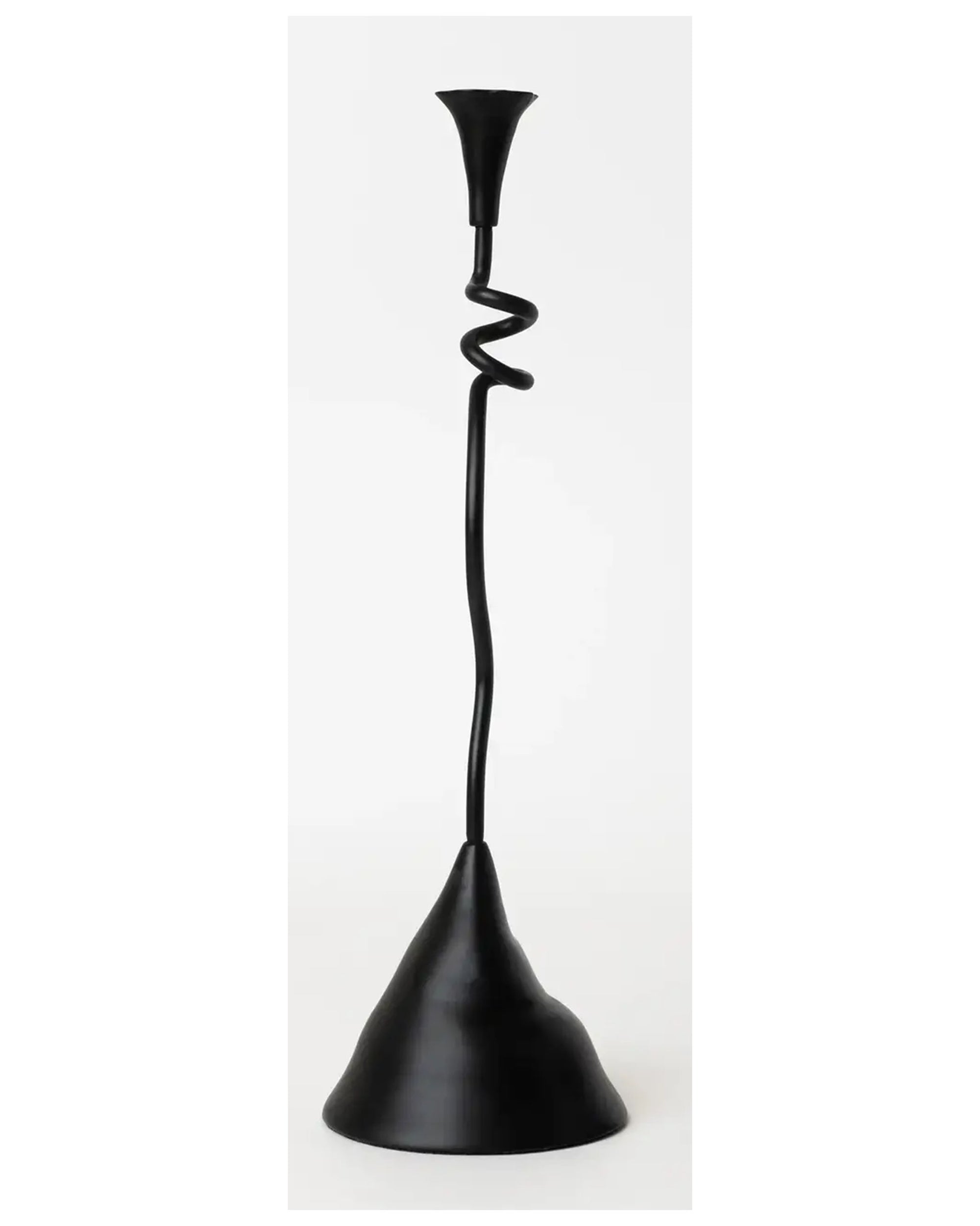 The Faire Winding Taper Candle Holder showcases a black powder finish, twisted spiral stem, and wide sloped base, echoing the sophistication of classic aluminum designs against a clean white backdrop.