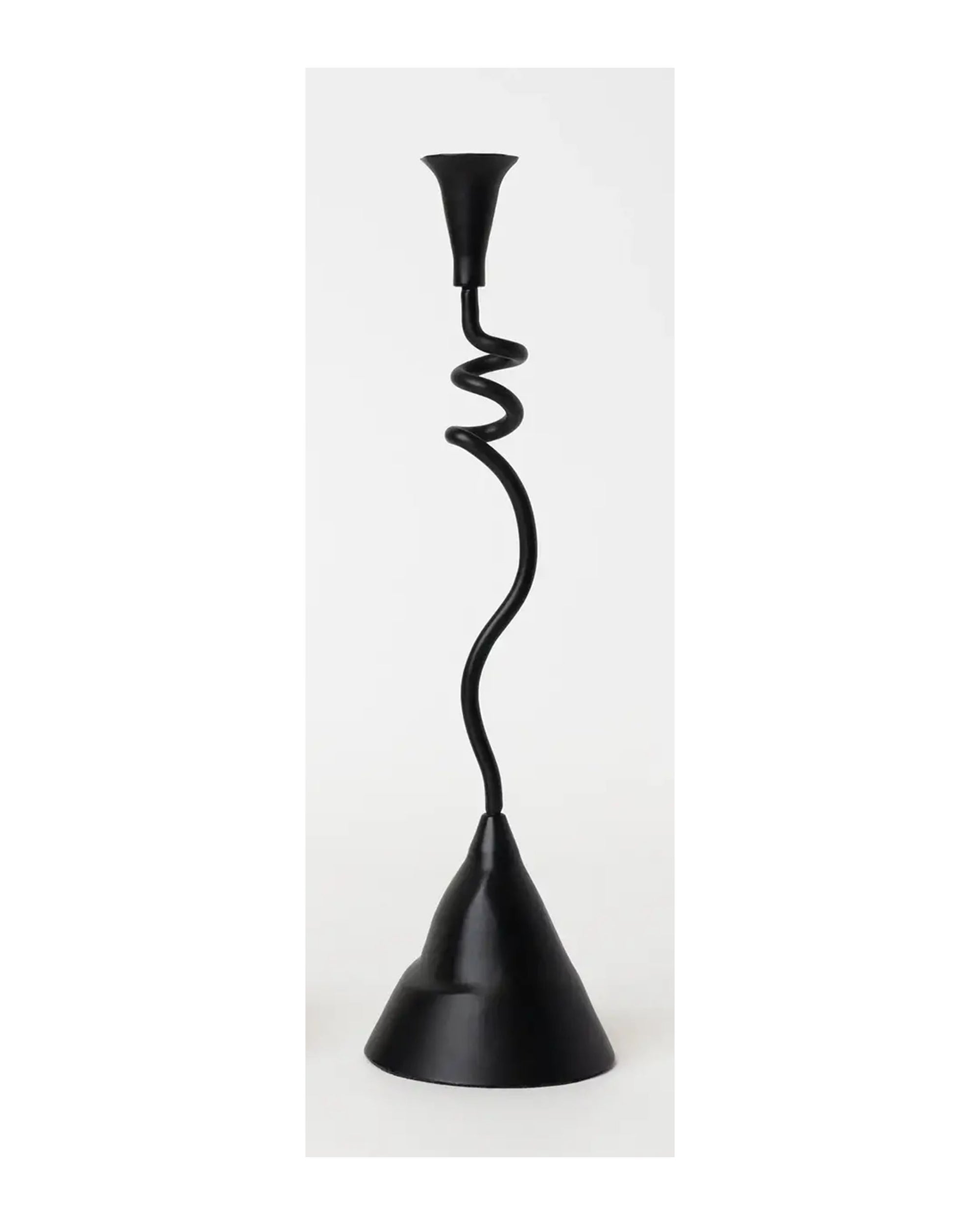 The Faire Winding Taper Candle Holder features a sleek black powder finish, twisted wavy stem, and wide conical base—a modern, elegant accent for stylish spaces, pictured against a plain white background.