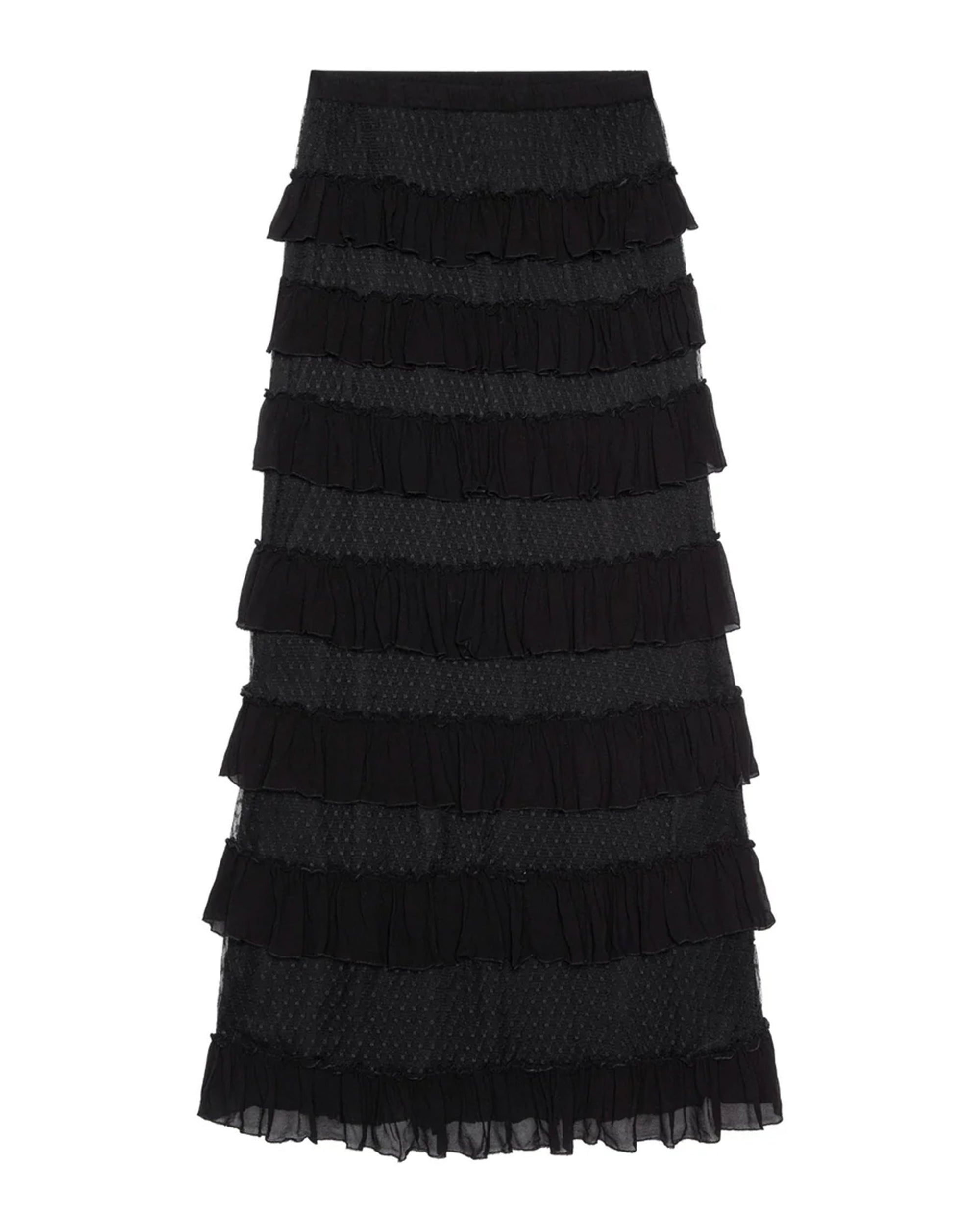 The Winter Mesh Flounce Skirt by The Great Inc. is a black mesh skirt with multiple horizontal layers of ruffled fabric, a fitted waist, and a slightly flared silhouette for a textured, tiered look.