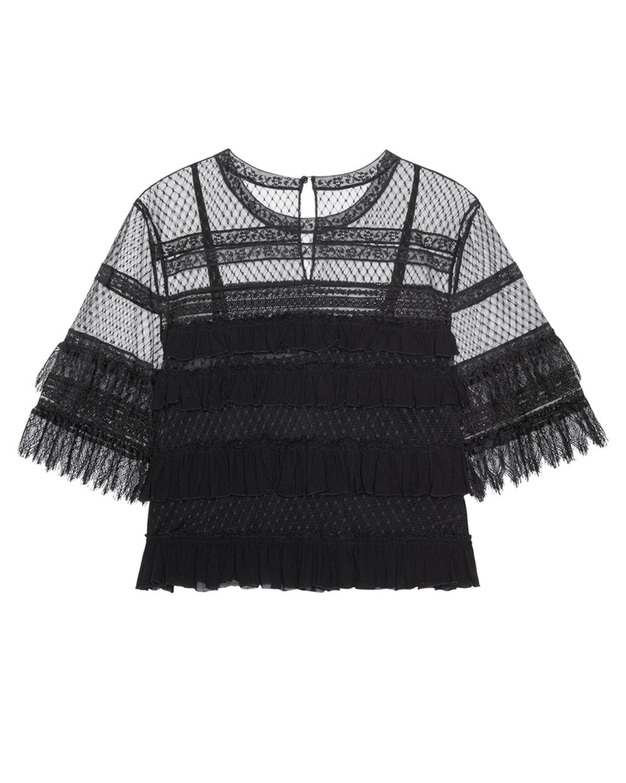 The Winter Mesh Flounce Top by The Great Inc. features black lace with half sleeves, sheer mesh panels, horizontal ruffles, a woven lace design, sheer bodice, back button closure, and intricate, feminine detailing.