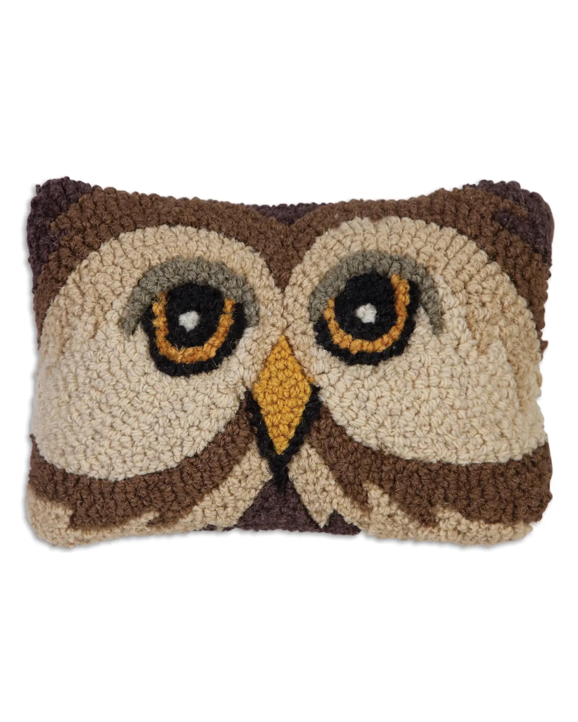 The C4C Wise Owl Pillow by Faire is a rectangular, hand-hooked natural wool pillow featuring an owl face with large yellow and black eyes, a yellow beak, and brown, cream, and tan patterns. Designed in Vermont.