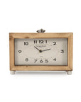The Zentique PC077 Wooden Clock features a rectangular wooden design, white face with black Arabic numerals and hands, "Grand Hotel" text above the center, and stands on four small silver knob legs.