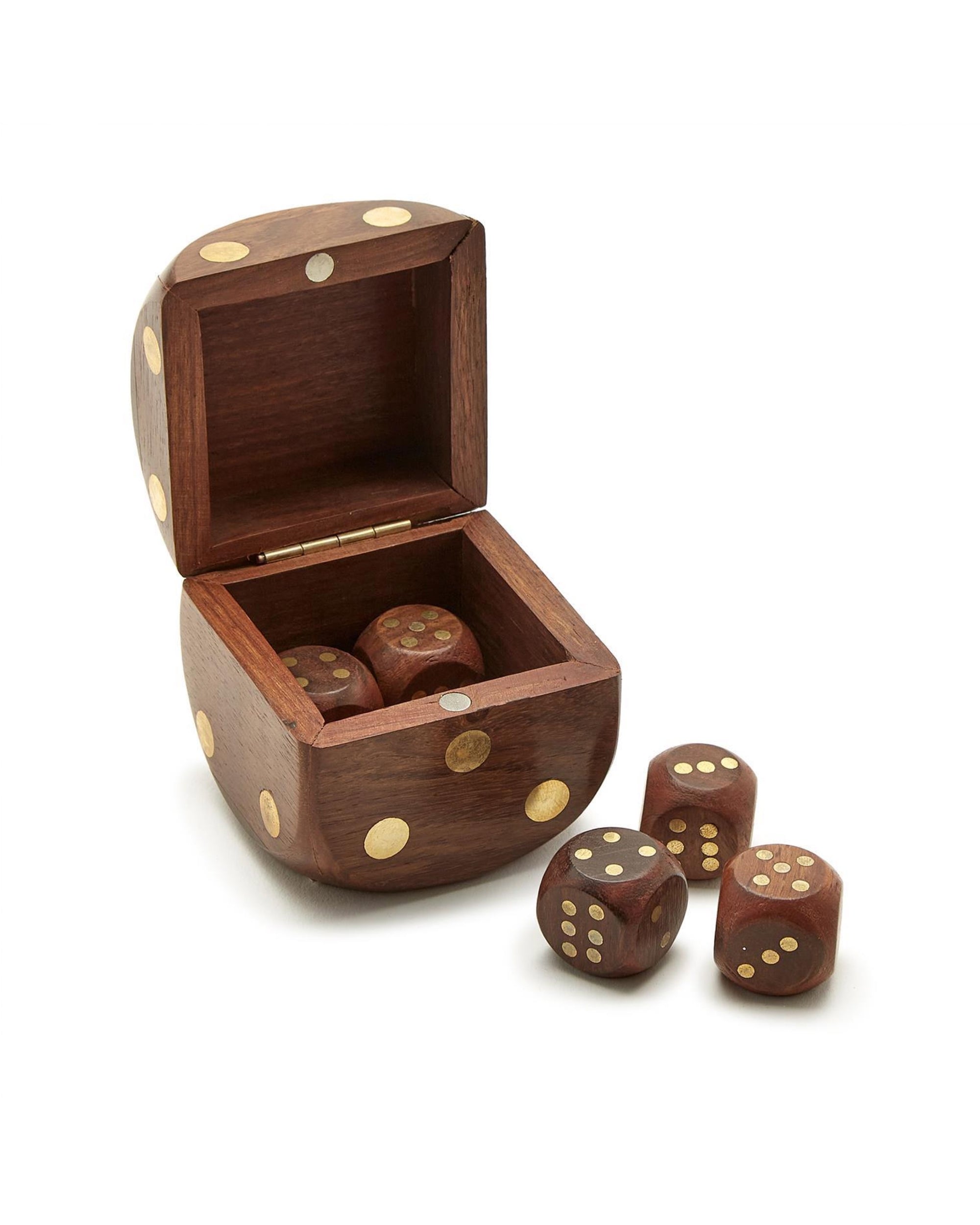 The Two's Company Wood Craft Dice Box is an acacia wood die-shaped box with a lid, revealing three wooden dice inside and three more with brass dots in front—a stylish addition to any tabletop games collection.