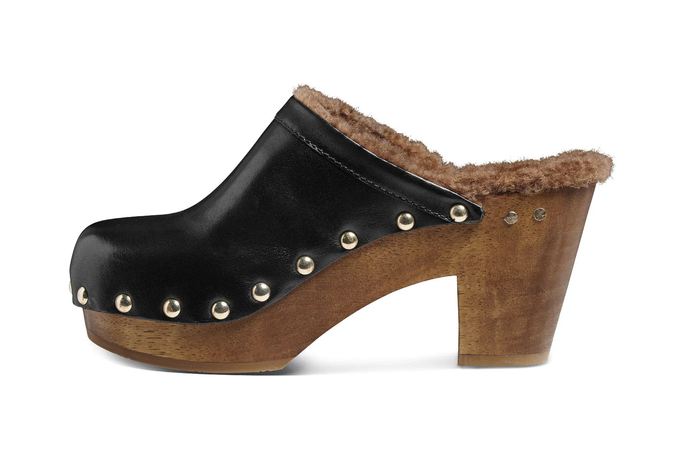 The WOODPECKER clog by Beek features black leather, a wooden sole and heel, brown faux fur lining, and metal studs along the sides.