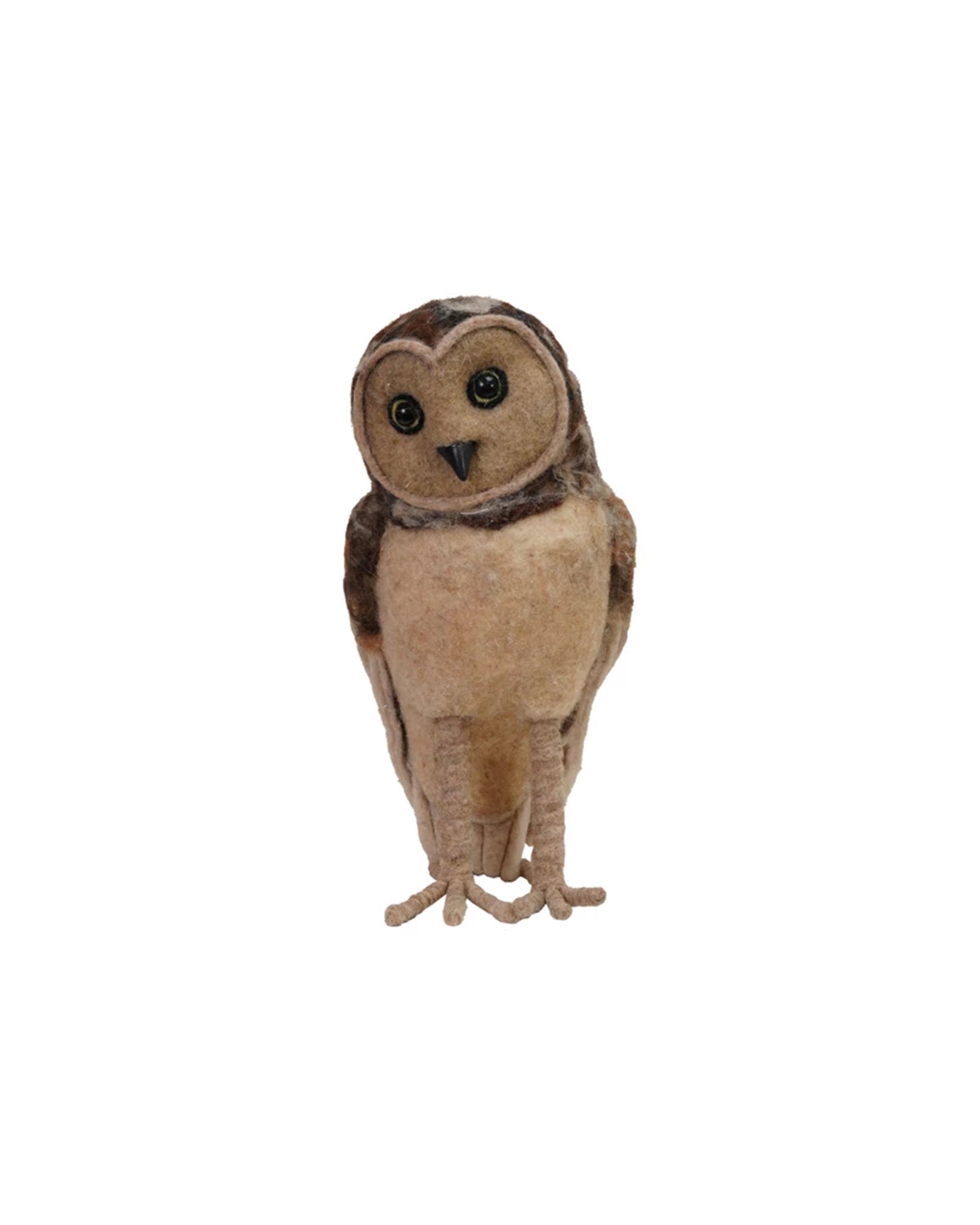 The Creative Co-op Wool Barn Owl Brown is a handmade wool felt figurine featuring large round eyes and brown and beige colors, standing upright against a white background.
