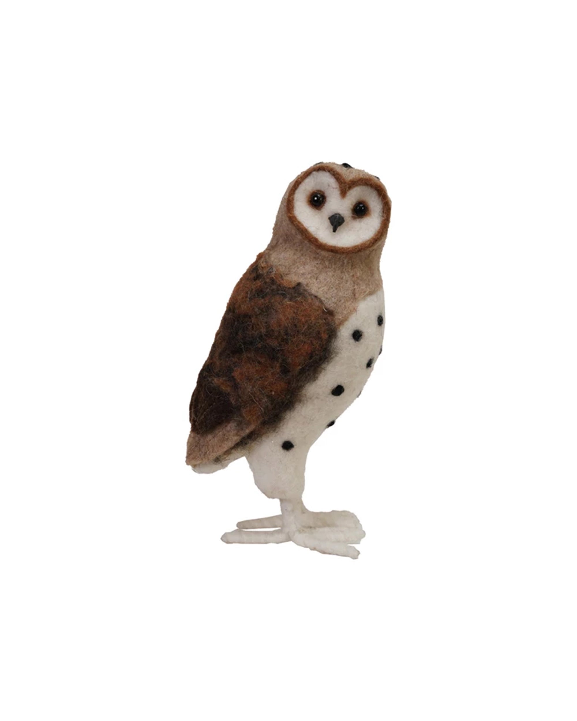The Creative Co-op Wool Barn Owl is a handmade felt figurine in brown and white with black chest spots and large dark eyes, standing on two white legs—a charming decor accent for any space.