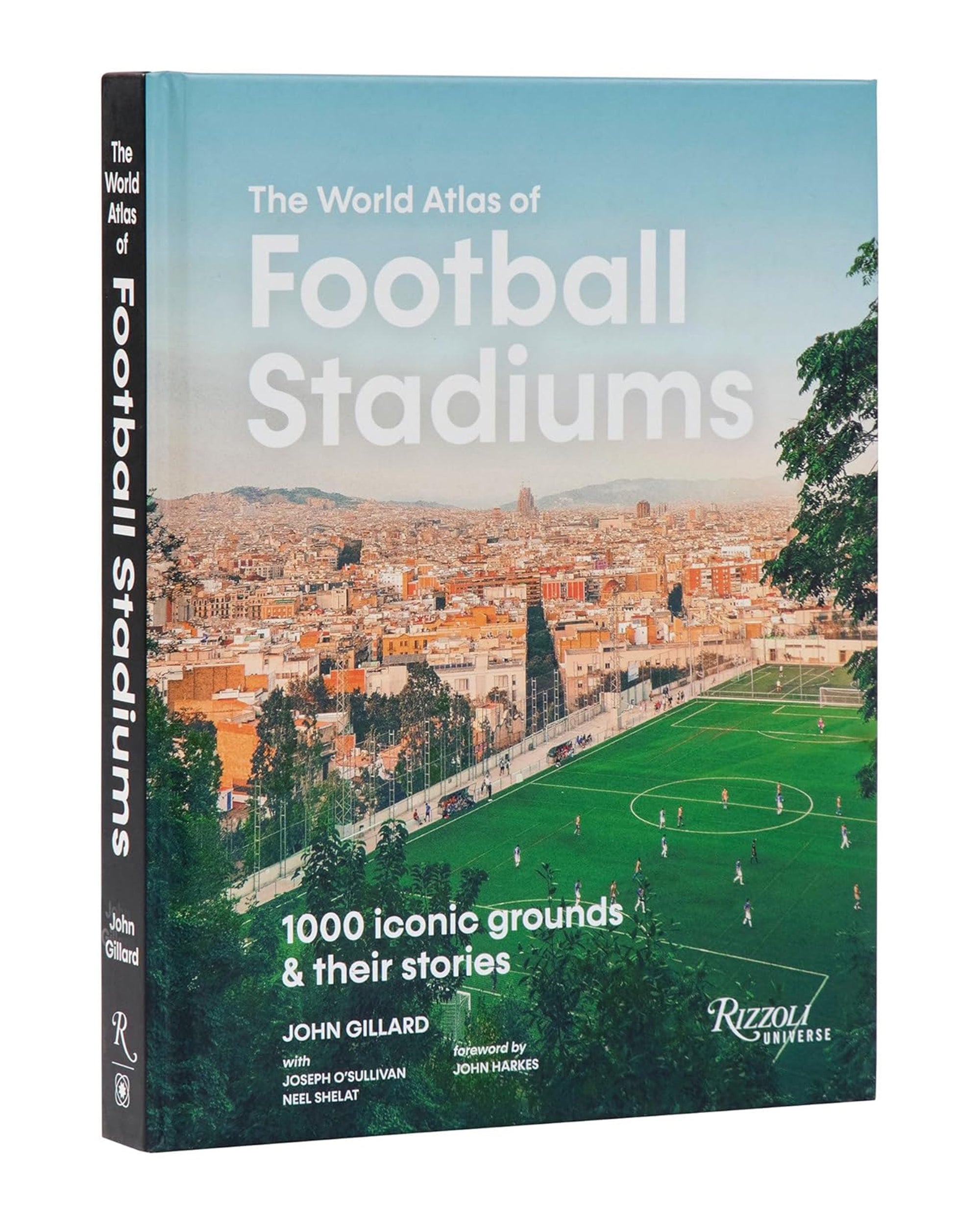 World Atlas Football" by Random House highlights 1000 iconic soccer stadiums and their stories in football history. The cover features a stadium amid a cityscape with mountains in the background.
