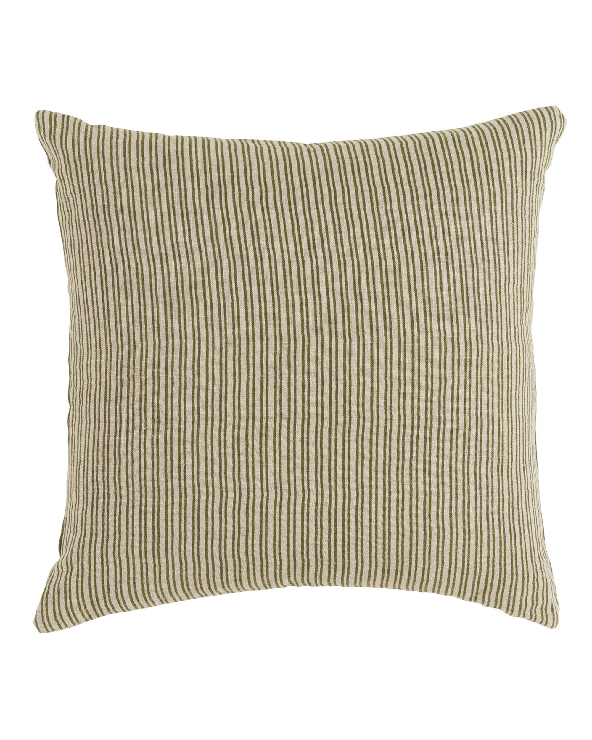 Green pillow with thin vertical beige and white stripes by Faire Wren, 24x24 inches, on plain white background.