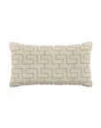 The WREN JUTE pillow by Eastern Accents features a rectangular beige design with a geometric Greek key pattern and decorative studs, making it a stylish match for bohemian bedding or a hand-embroidered linen sham.