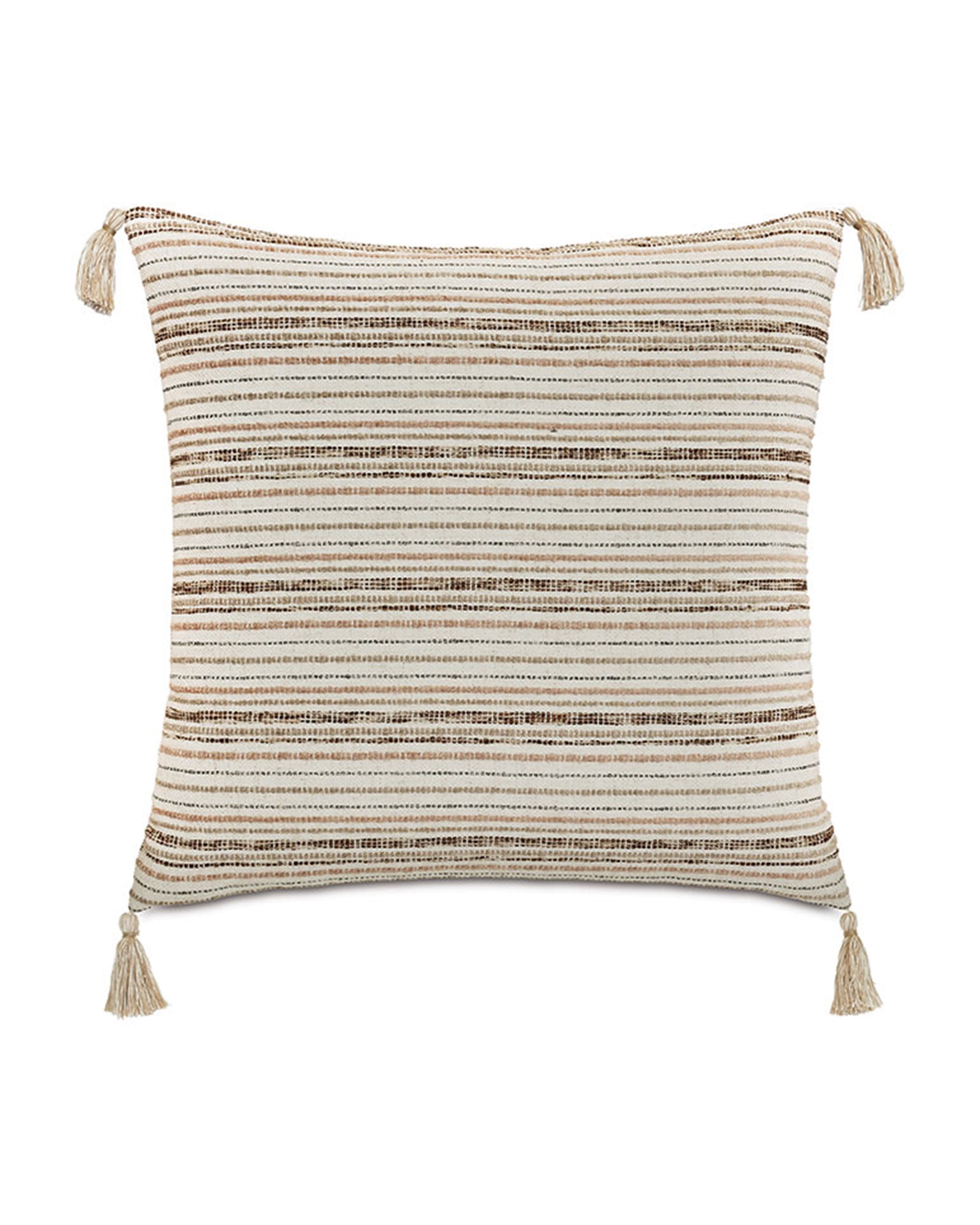 The Wren Textured Pillow by Eastern Accents features horizontal beige and brown stripes with tan tassels on each corner, ideal for layering with bohemian bedding, shown on a white background.
