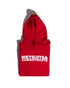 A folded red Ping Pong Surf Club Wet Suit & Cowboy Boots Hoodie with the hood up displays bold white "WETSUITS & COWBOYBOOTS" text across the chest, set against a plain white background.