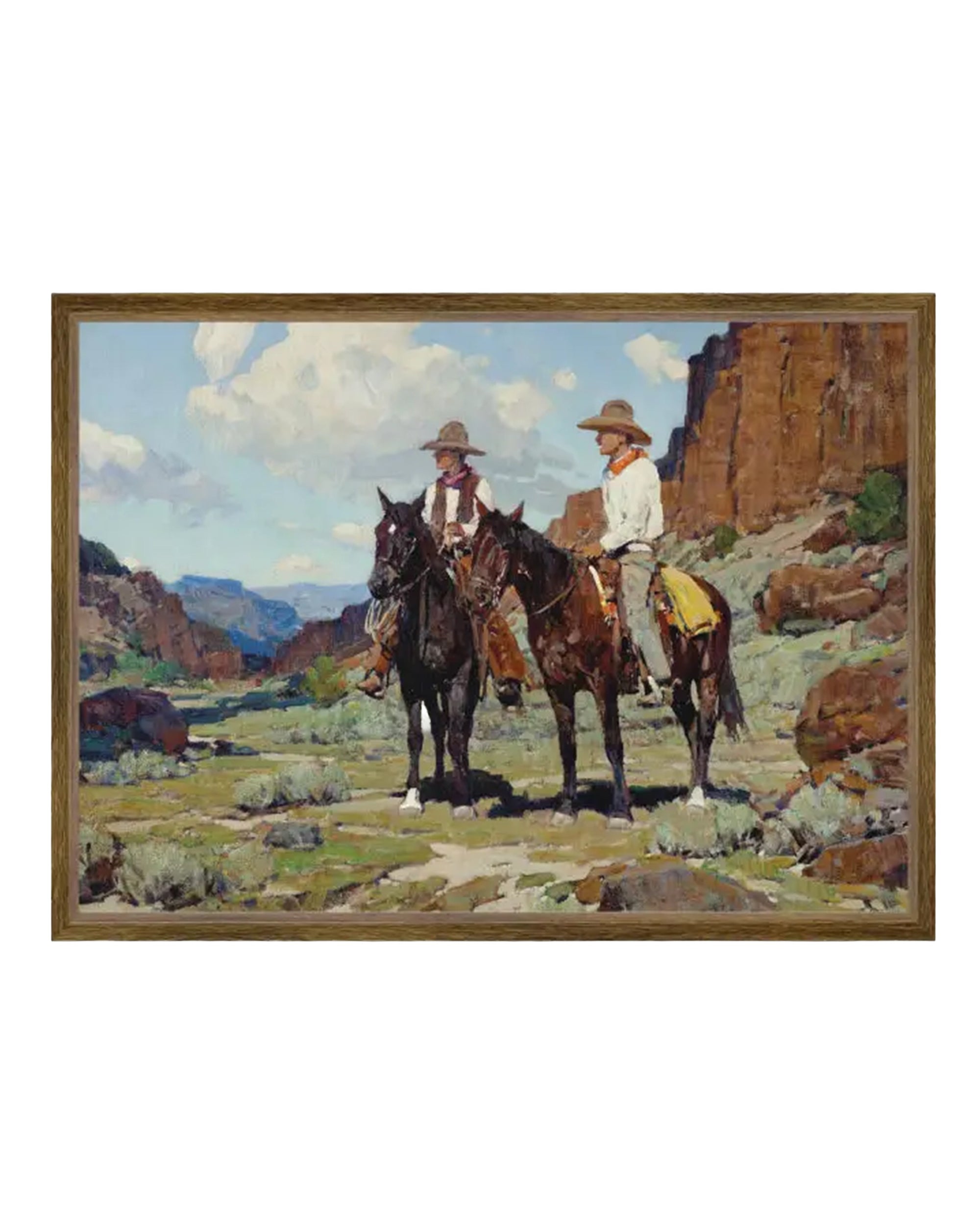 The "Wyoming Cattleman" by Petal Lane Home is a premium canvas print inspired by Frank Tenney Johnson, depicting two cowboys on horseback journeying through a rocky canyon under blue skies and surrounded by desert scenery.