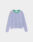 The Terrance Tee by Xirena features navy and white stripes, a green crew neckline, and a boxy fit in soft cotton jersey. Shown on a plain white background.