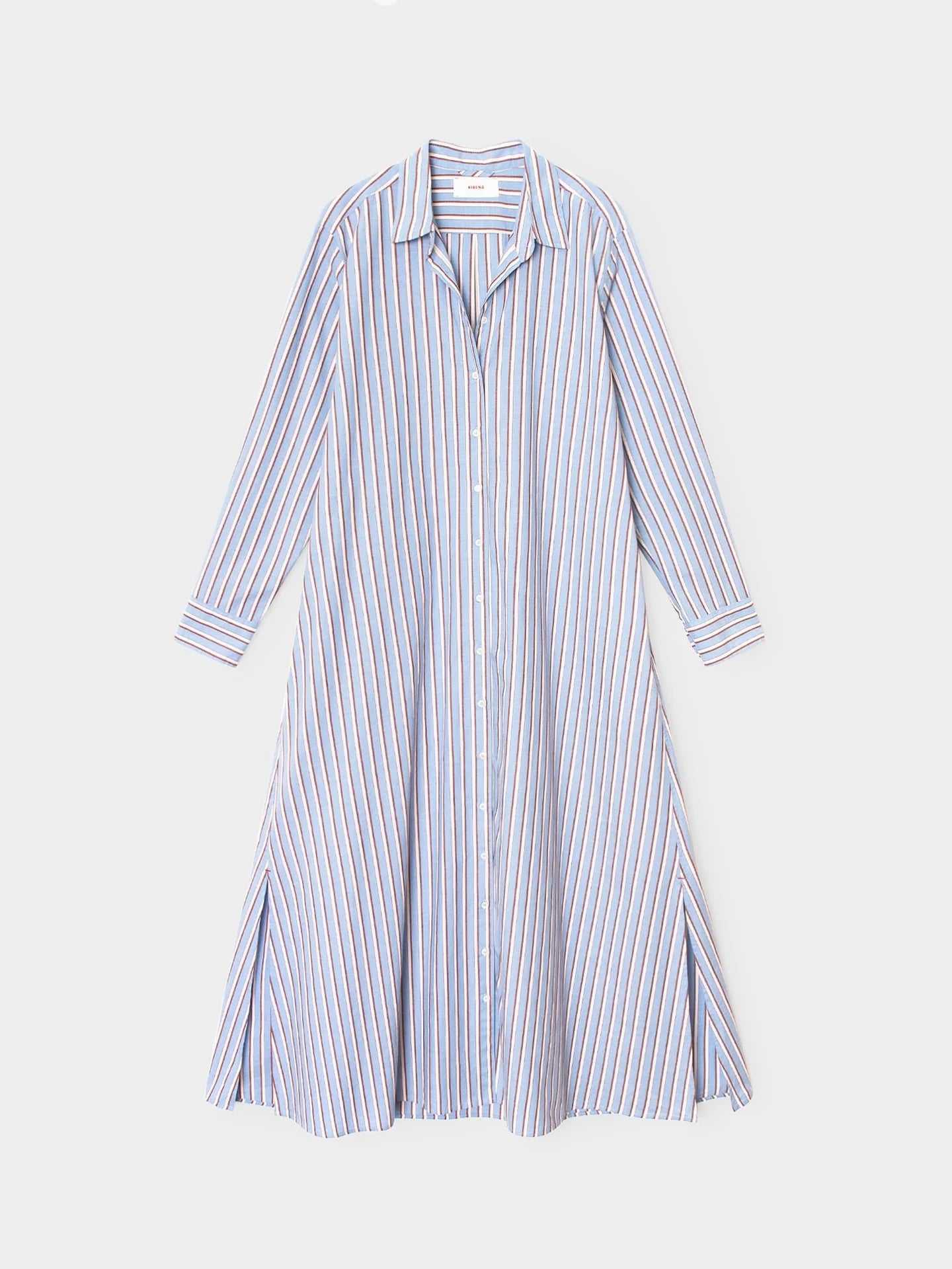 Blue dress with vertical stripes, long sleeves, buttons, and flared hem by Xirena, Boden style in Blue Cedar.