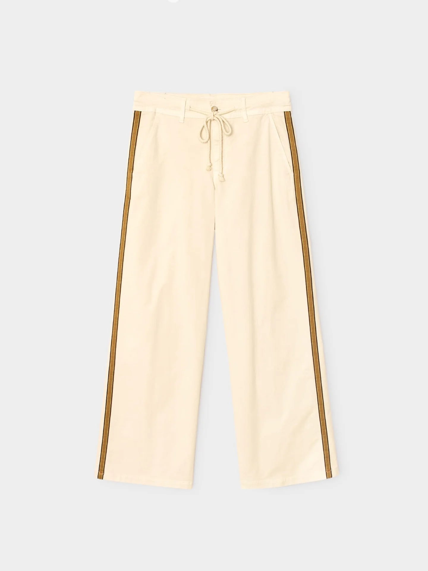 Beige wide-leg cotton twill pants with brown side stripes, front pockets, and drawstring waist by Xirena.
