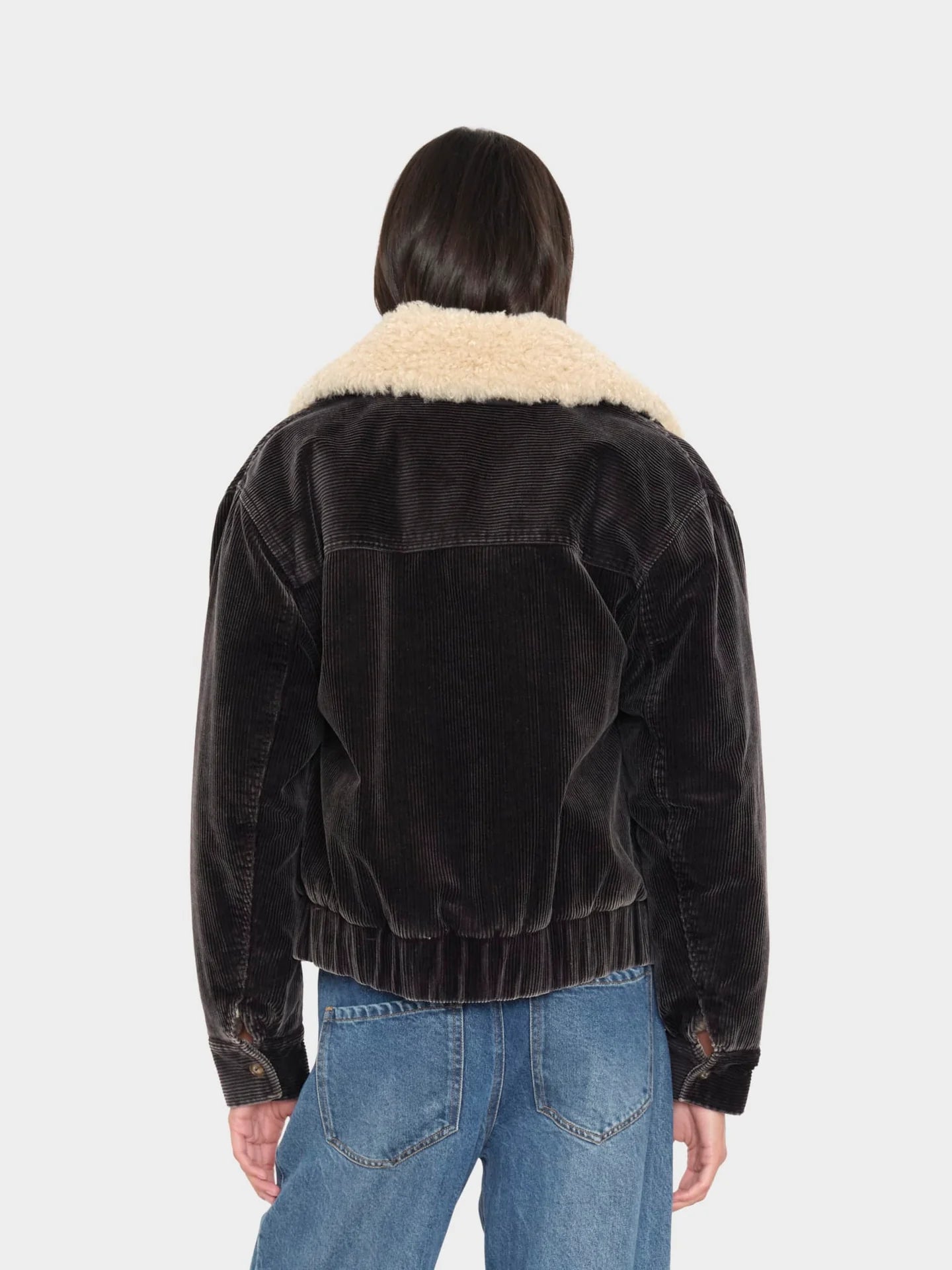 Xirena Bradley Jacket with floral lining and sherpa collar, shown from behind, styled with blue jeans.