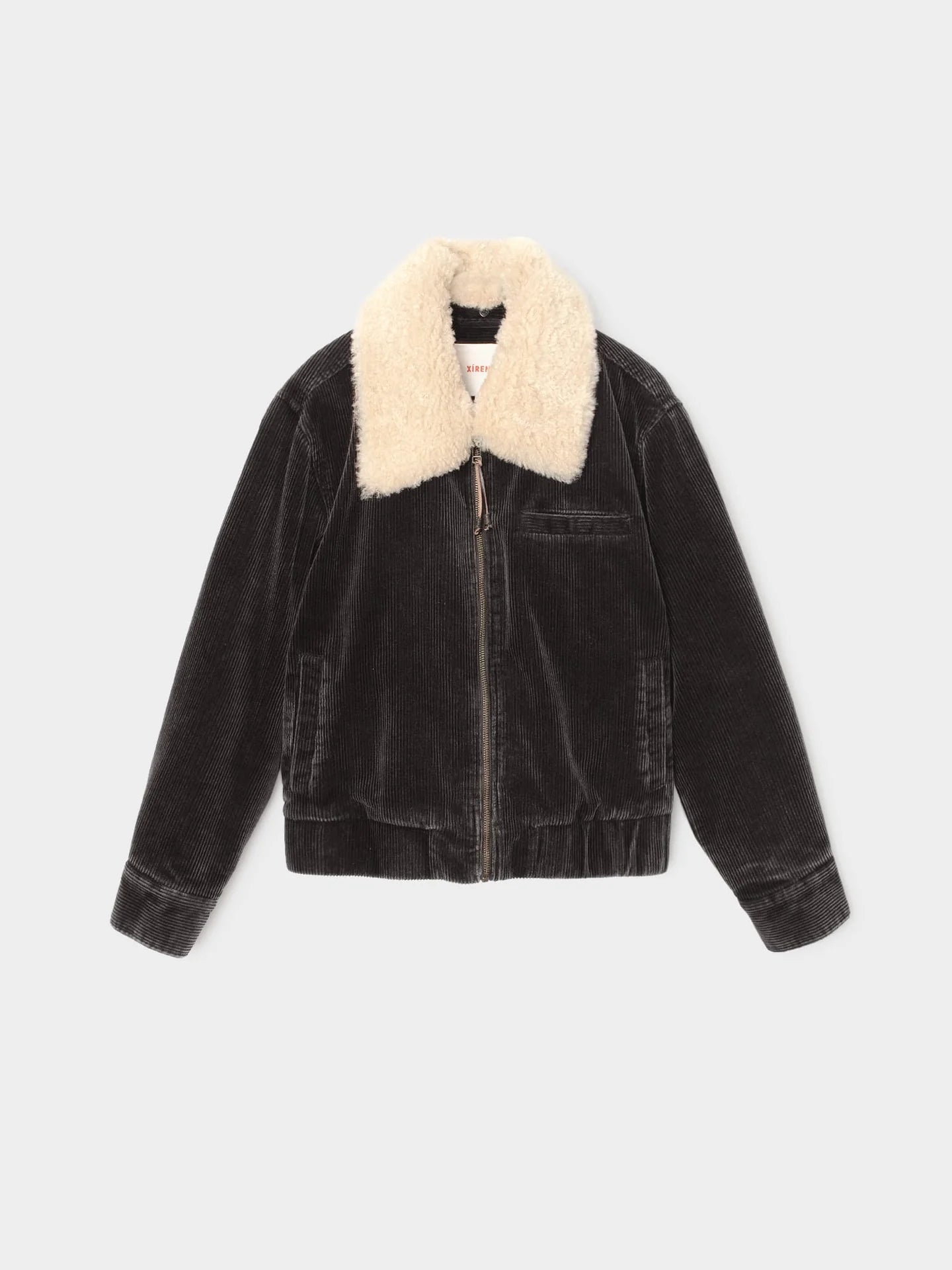 Black corduroy bomber jacket with white fluffy collar by Xirena, Bradley style, floral lining, zip front, side pockets.
