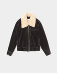 Black corduroy bomber jacket with white fluffy collar by Xirena, Bradley style, floral lining, zip front, side pockets.