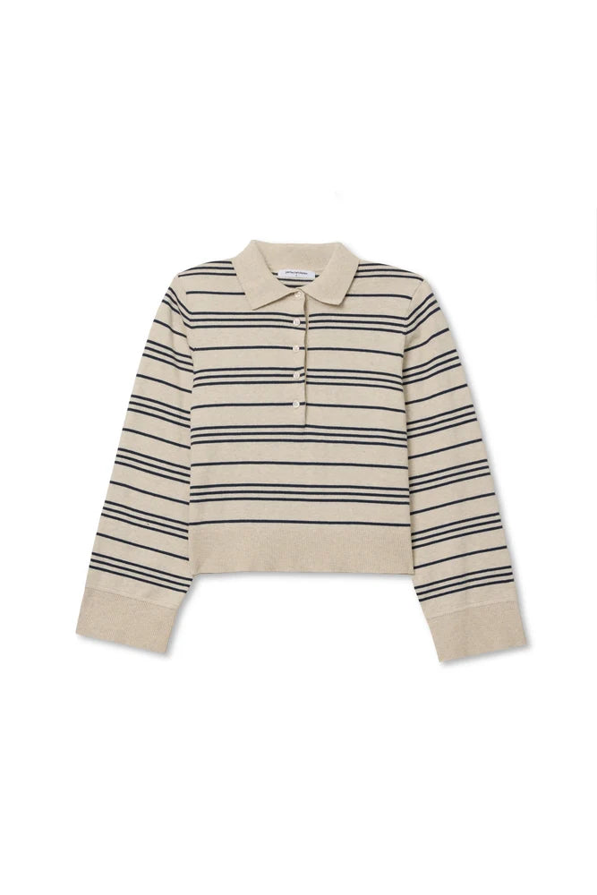 Beige striped sweater with black accents and front buttons by Perfectwhitetee, Ximena, cotton cashmere blend.