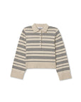 Beige striped sweater with black accents and front buttons by Perfectwhitetee, Ximena, cotton cashmere blend.