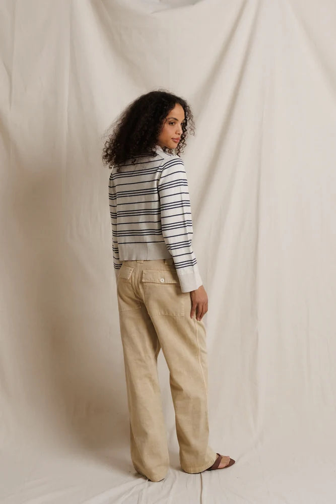 Ximena striped cotton-cashmere sweater by Perfectwhitetee in neutral tones, styled with beige pants, casual look.