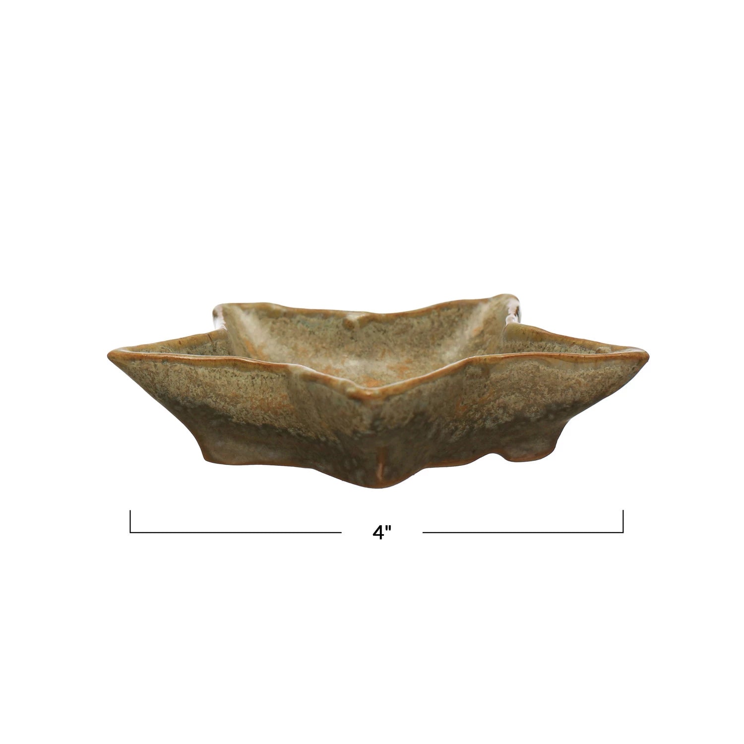 The Creative Co-op Star Shaped Plate Green is a small, shallow stoneware plate with a greenish-brown reactive glaze. This ceramic plate measures 4 inches across.