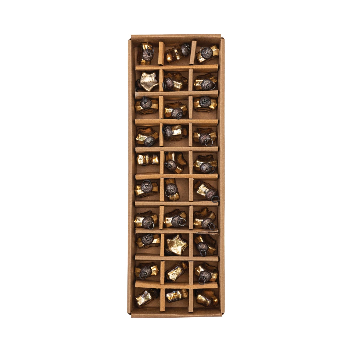 A top view of a rectangular box holds 32 Creative Co-op Mini Glass Star Ornaments, each uniquely assorted in gold and bronze—adding an elegant touch to your Christmas tree décor.