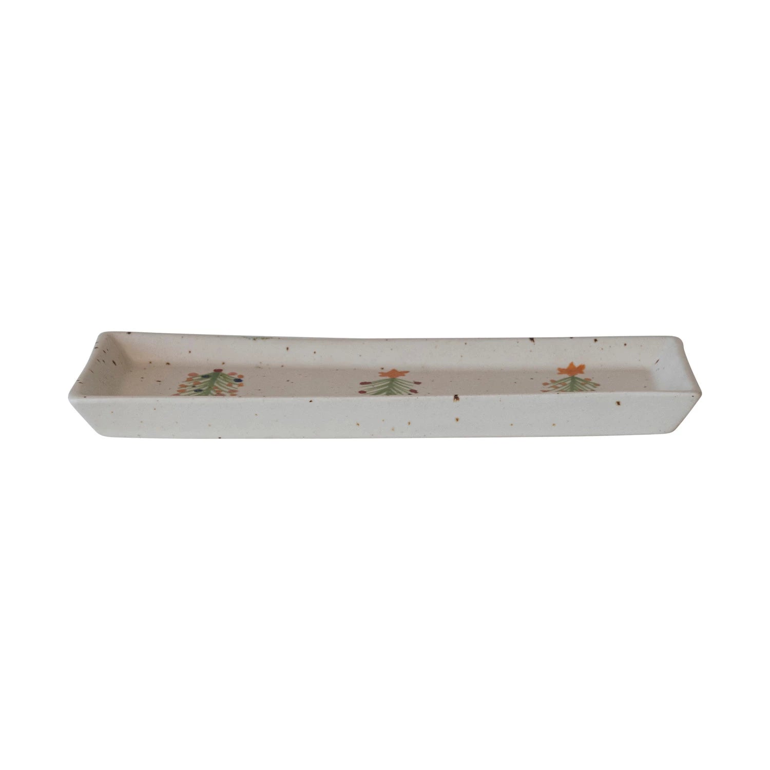 The Creative Co-op Tree Platter is a rectangular white hand-painted stoneware tray with small Christmas trees, orange stars, and a festive speckled pattern—perfect for holiday serving.