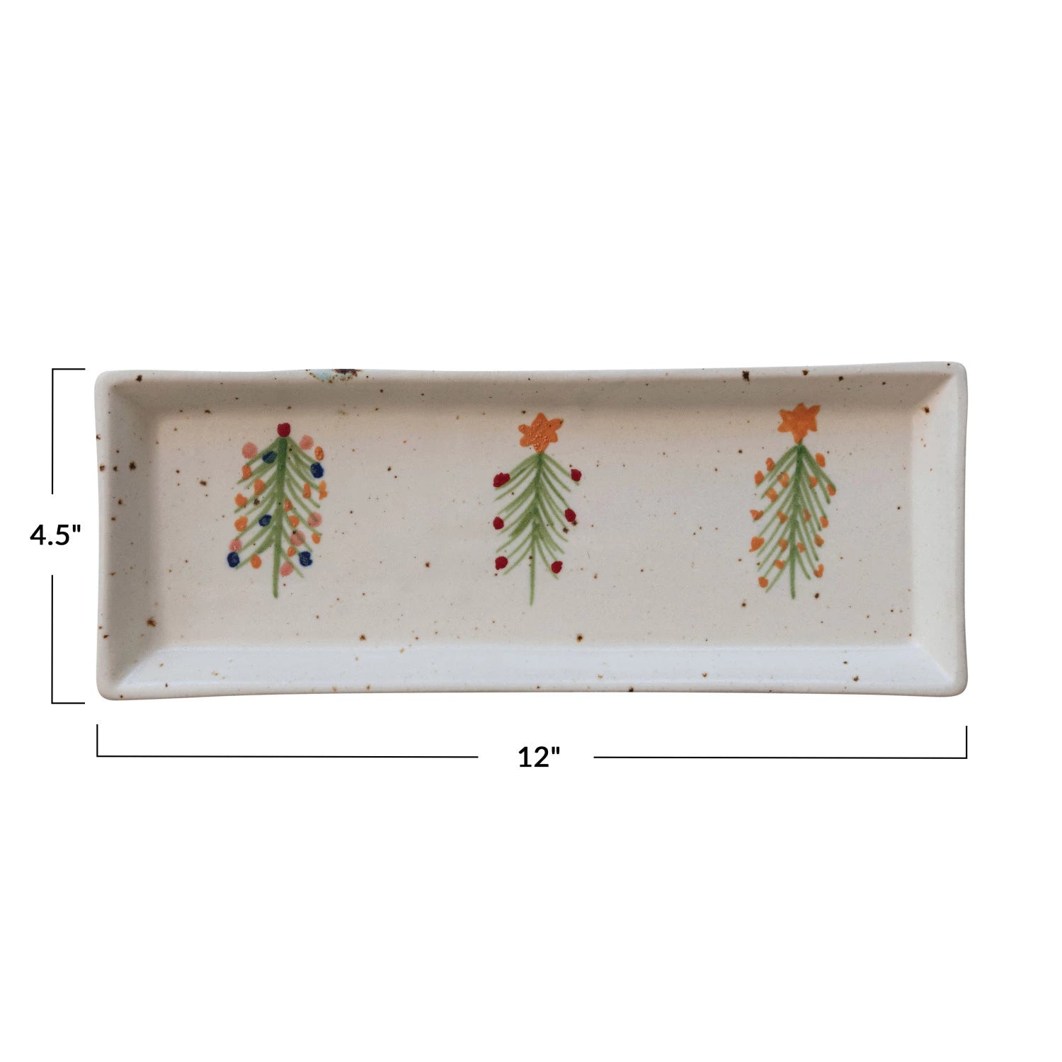 The Creative Co-op Tree Platter is a 12" x 4.5" rectangular hand-painted stoneware tray with three Christmas trees topped with stars and a speckled background—ideal for festive holiday serving.