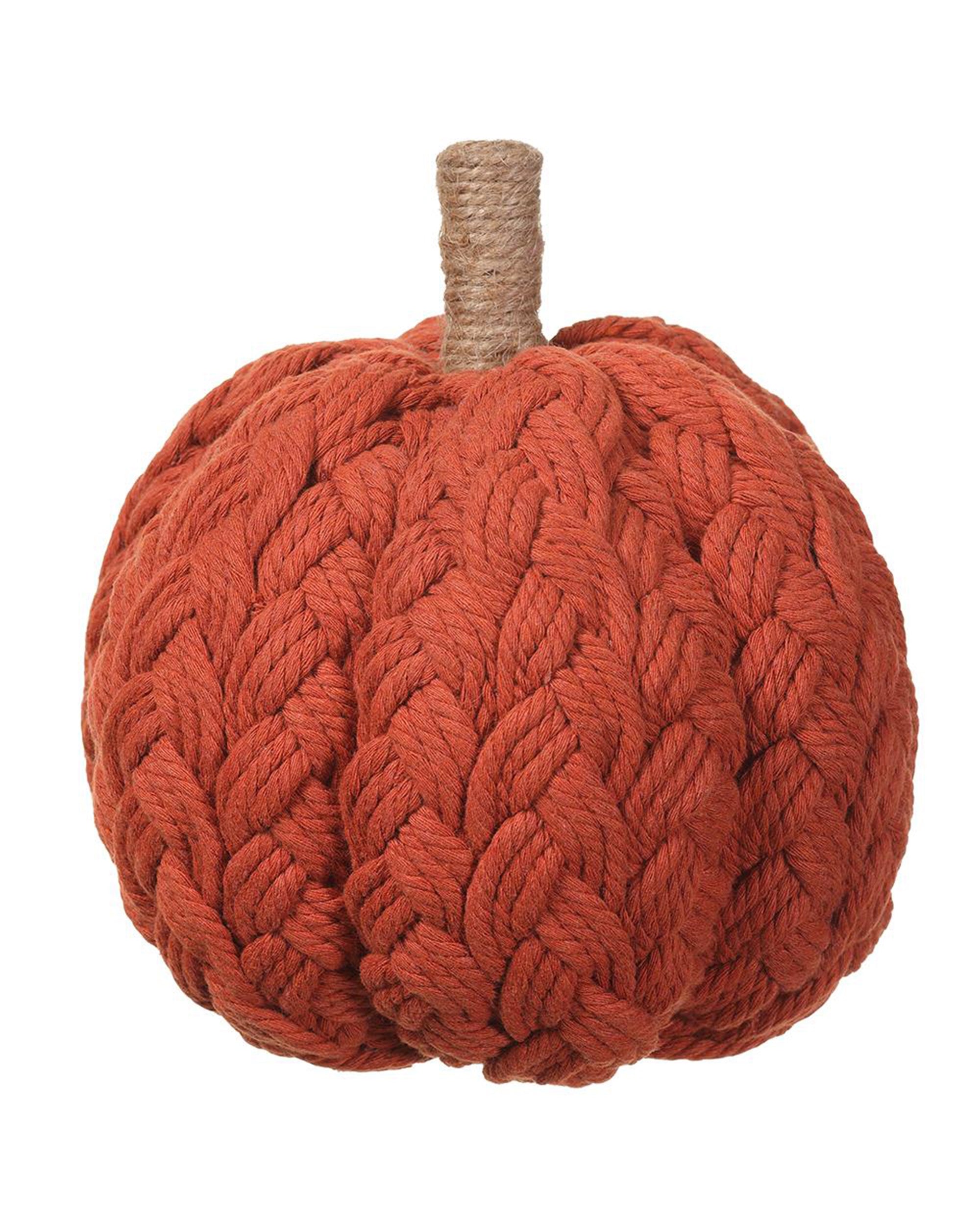 The AllState Floral And Craft VZP777 Linen Jute Pumpkin Brick features thick, braided orange yarn and a twine-wrapped stem, offering a cozy, knitted look perfect for autumn decor.