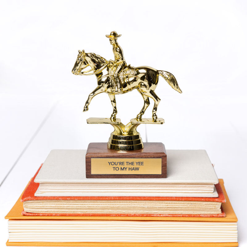 A golden figurine of a cowboy on a horse, mounted on a wooden base with a plaque reading &quot;You&#39;re the Yee to my Haw,&quot; atop a stack of three colorful Arizona-style books by Faire.