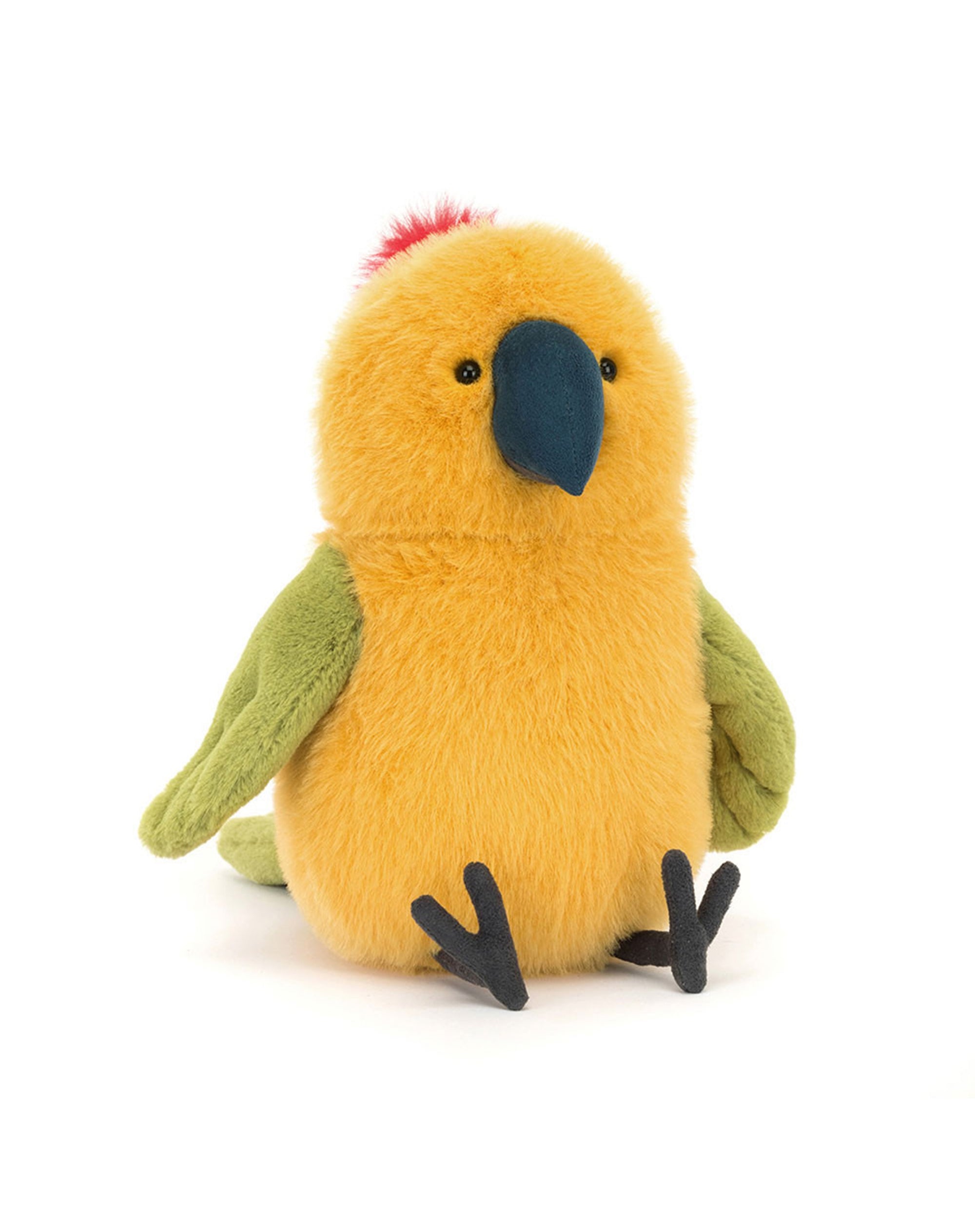 The Jelly Cat Inc. Budgeby Parrot plush toy, with its fluffy yellow body, green wings, dark blue beak, and red tuft, sits upright against a white background—ready to bring fun and adventure to any playtime.