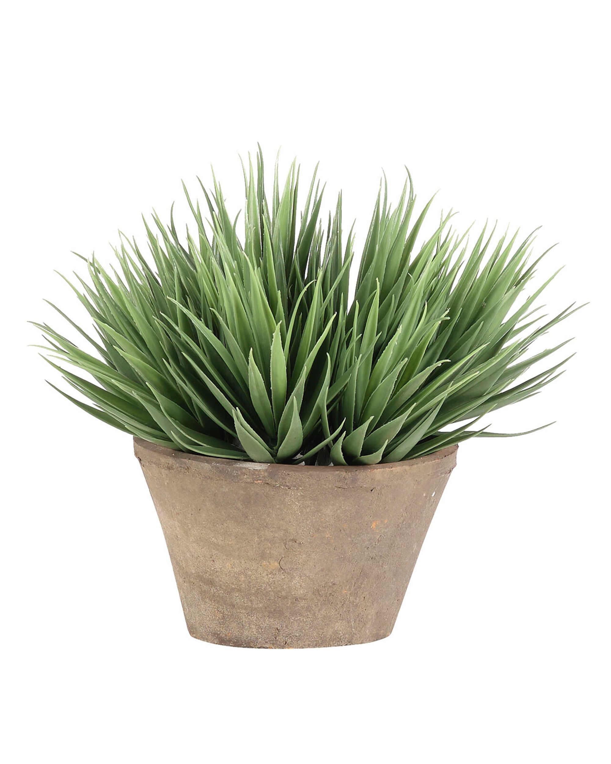 The Yucca Terracotta Pot by Natural Decorations Inc. features a small, round pot with a spiky green artificial succulent, UV-protected for lasting freshness—ideal for brightening your outdoor living space.