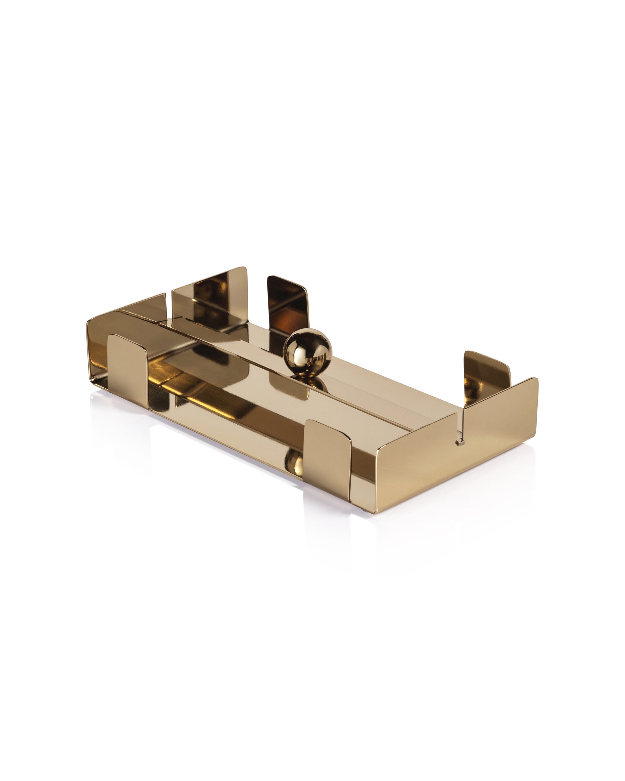 The Zodax IN-8194 Dinner Napkin Holder Gold is a modern, rectangular metal tray with raised sides and a central round gold knob handle—perfect as a chic napkin holder or bar accessory, shown on a white background.