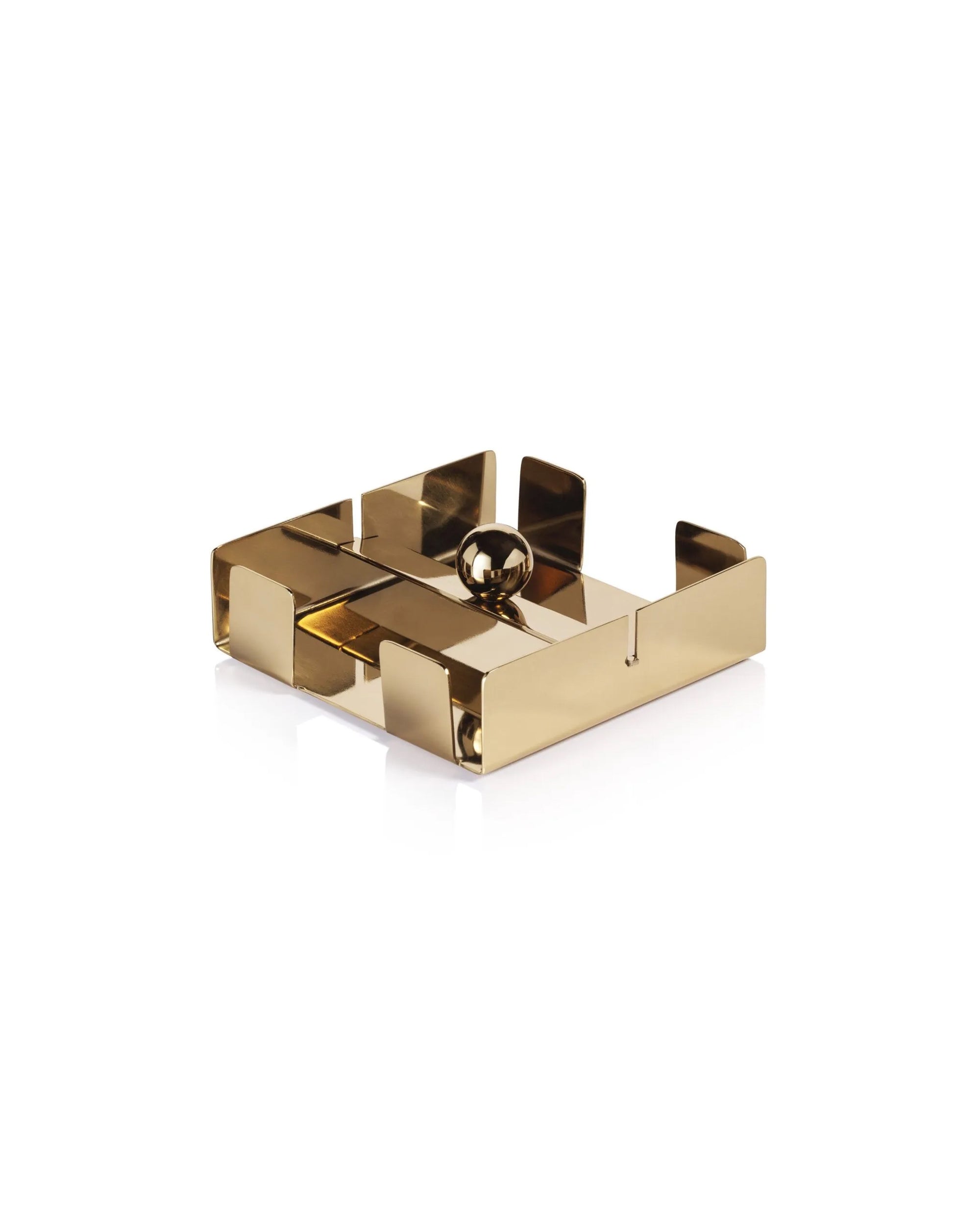 The Zodax IN-8190 Cocktail Napkin Holder Gold features a modern geometric design in gold-tone steel with a central weighted ball on a flat base, stylishly showcased against a white background.
