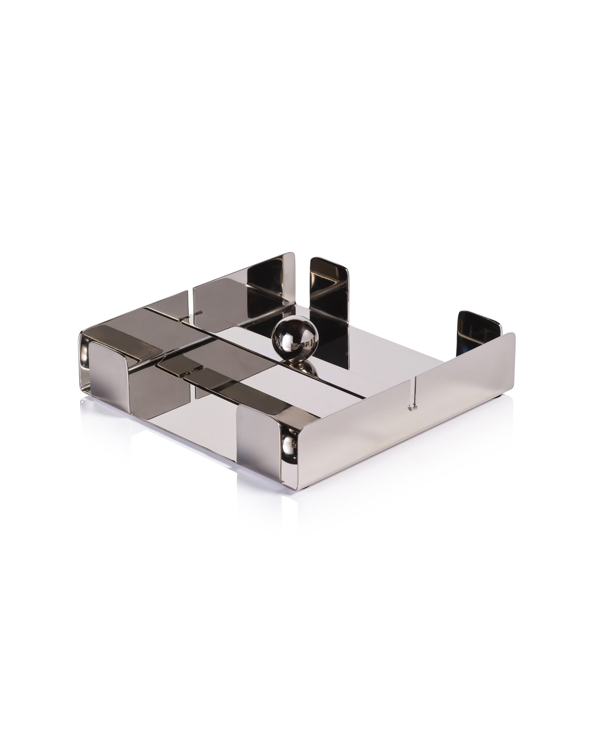 The Zodax IN-8195 Lunch Napkin Holder Nickel features a square base, shiny nickel finish, and central ball weight. Its open, minimalist design makes it an ideal bar accessory for modern or contemporary spaces.
