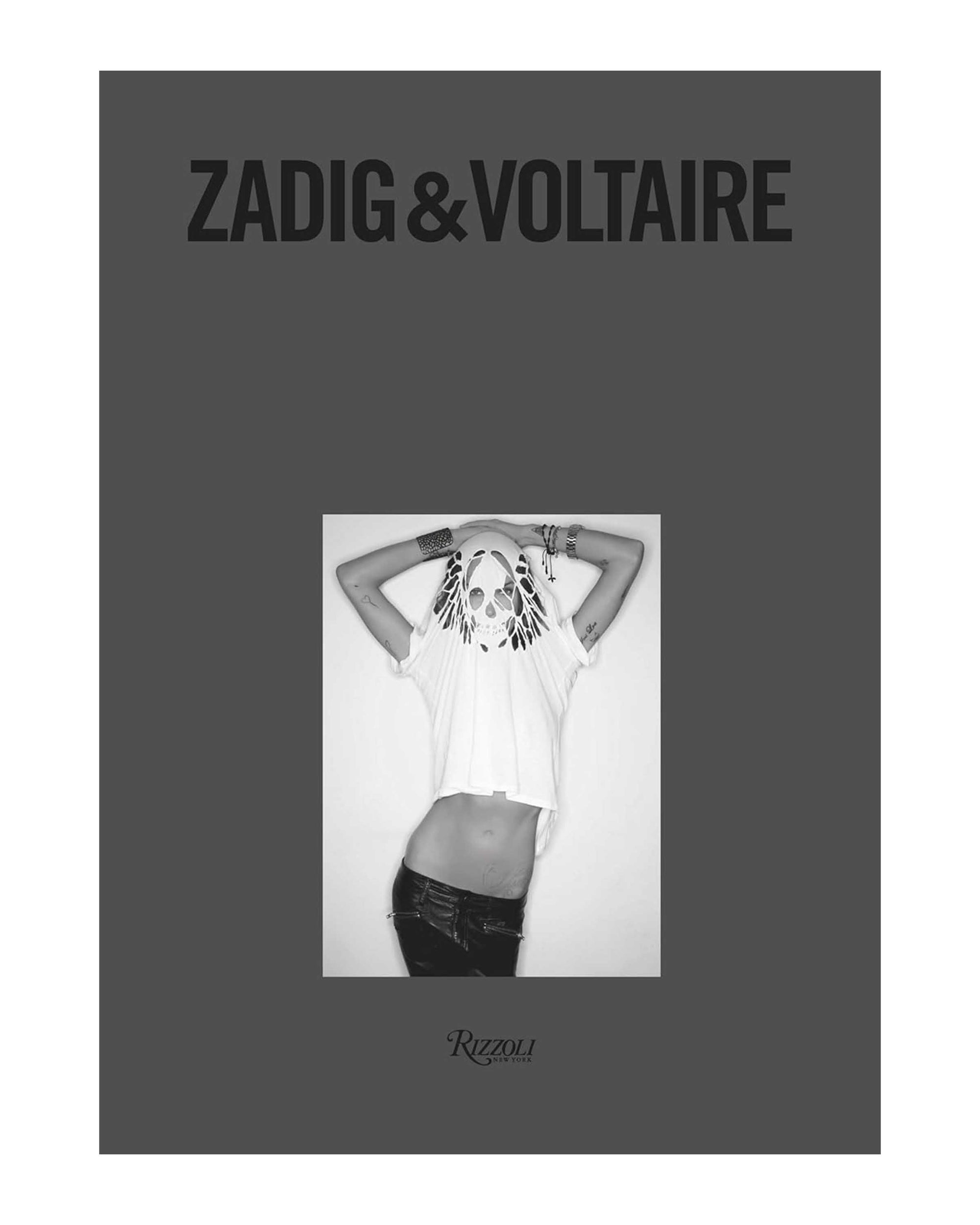 A book cover featuring the title "Zadig & Voltaire" at the top, a black-and-white rock-and-roll photo of a person lifting a skull shirt, exposing their midriff. The publisher "Random House" appears at the bottom.