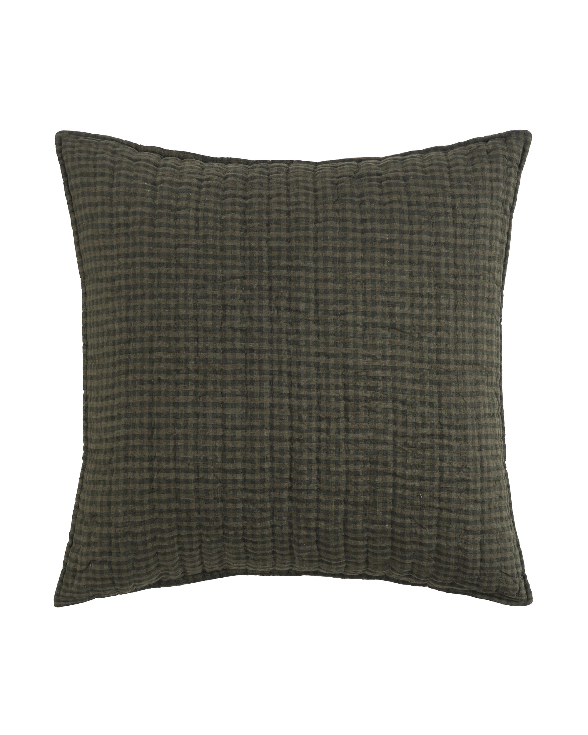 The Amity Home Zane Sham is a square, dark green and black checkered cotton pillow with a textured quilted surface and washable cover, shown on a white background.