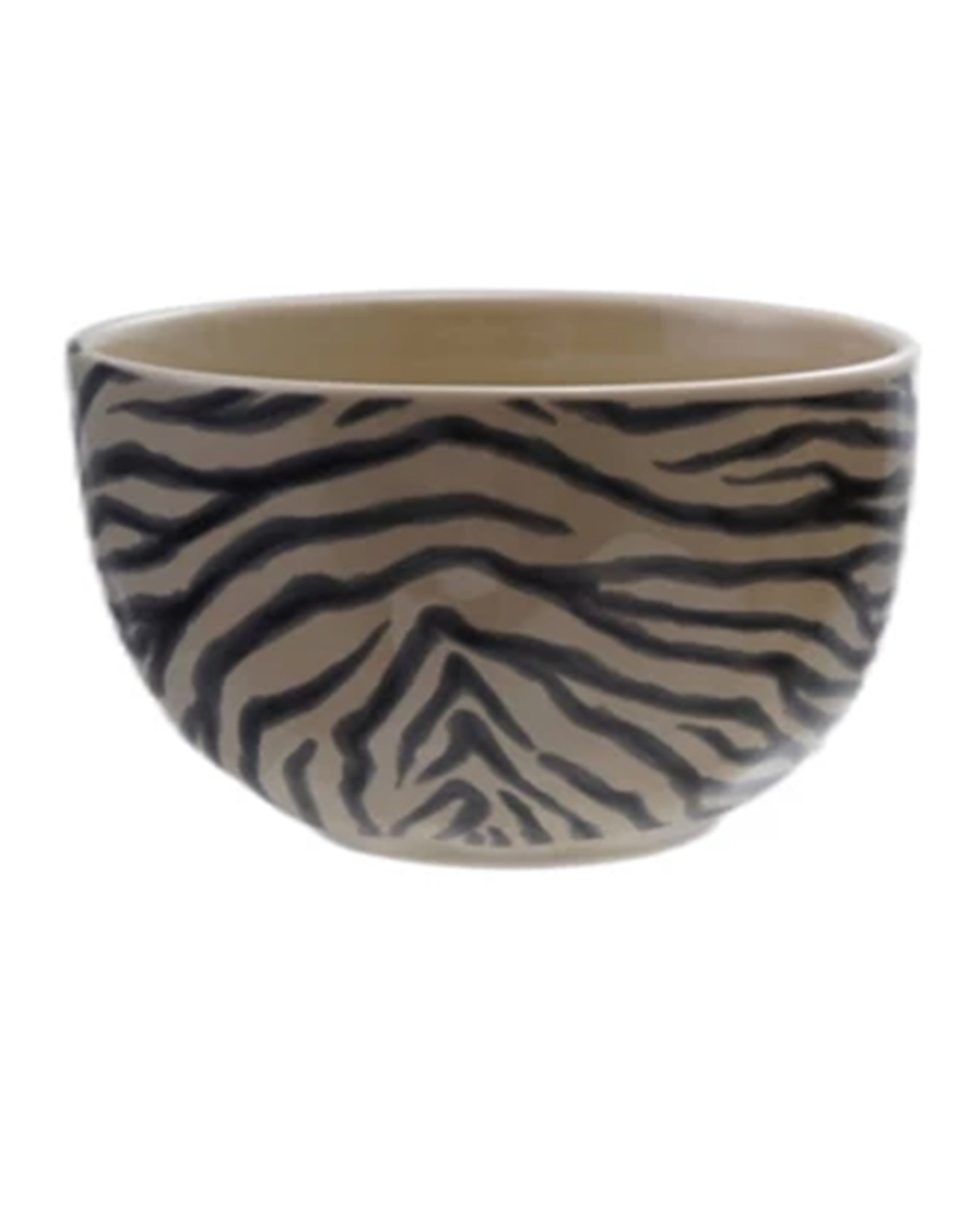 The Creative Co-op Bowl with Animal Print features a beige stoneware base and black zebra stripes on the exterior, making it perfect as a small serving dish.