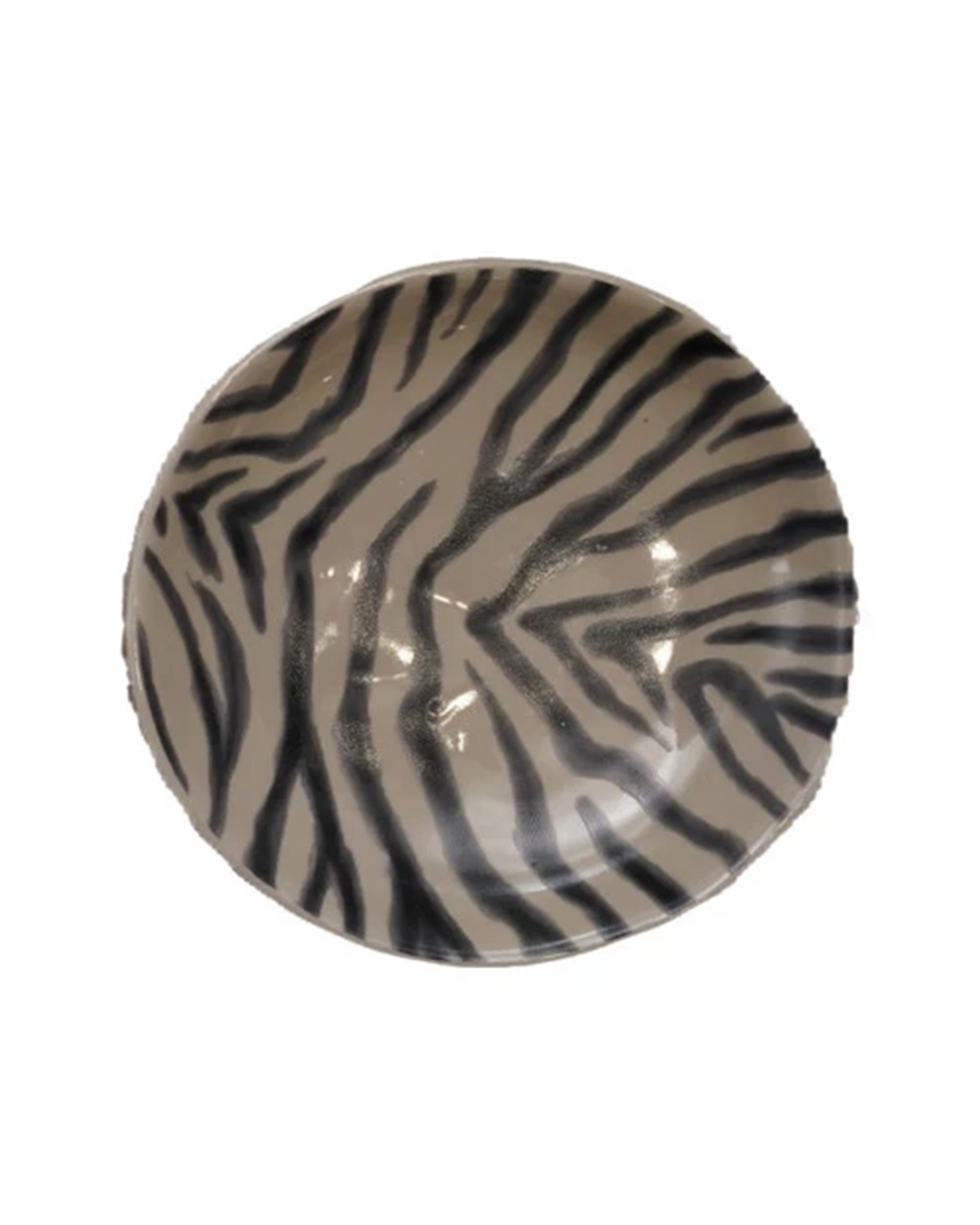 The Creative Co-op Dish with Animal Print is a round stoneware plate featuring a black and white zebra stripe pattern, shown from above on a white background.