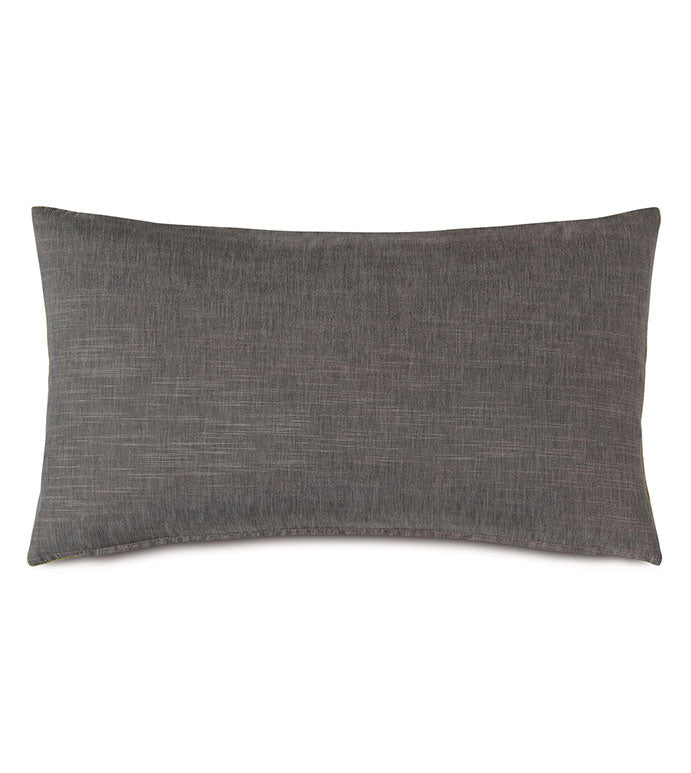 A Zephyr Engraved 15x26&quot; lumbar pillow in a textured charcoal grey fabric, styled with an understated elegance, suitable for accenting minimalist bungalow decor by Eastern Accents.
