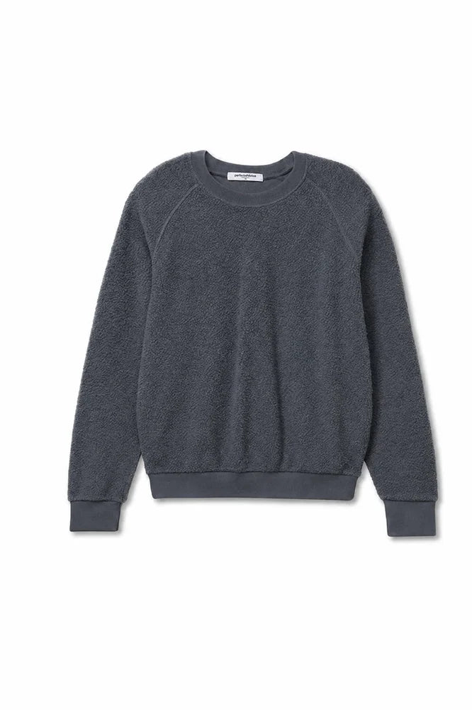 Dark gray shrunken fit sweatshirt with ribbed cuffs and crew neck by Perfectwhitetee, cotton fleece, Ziggy Reverse LS.