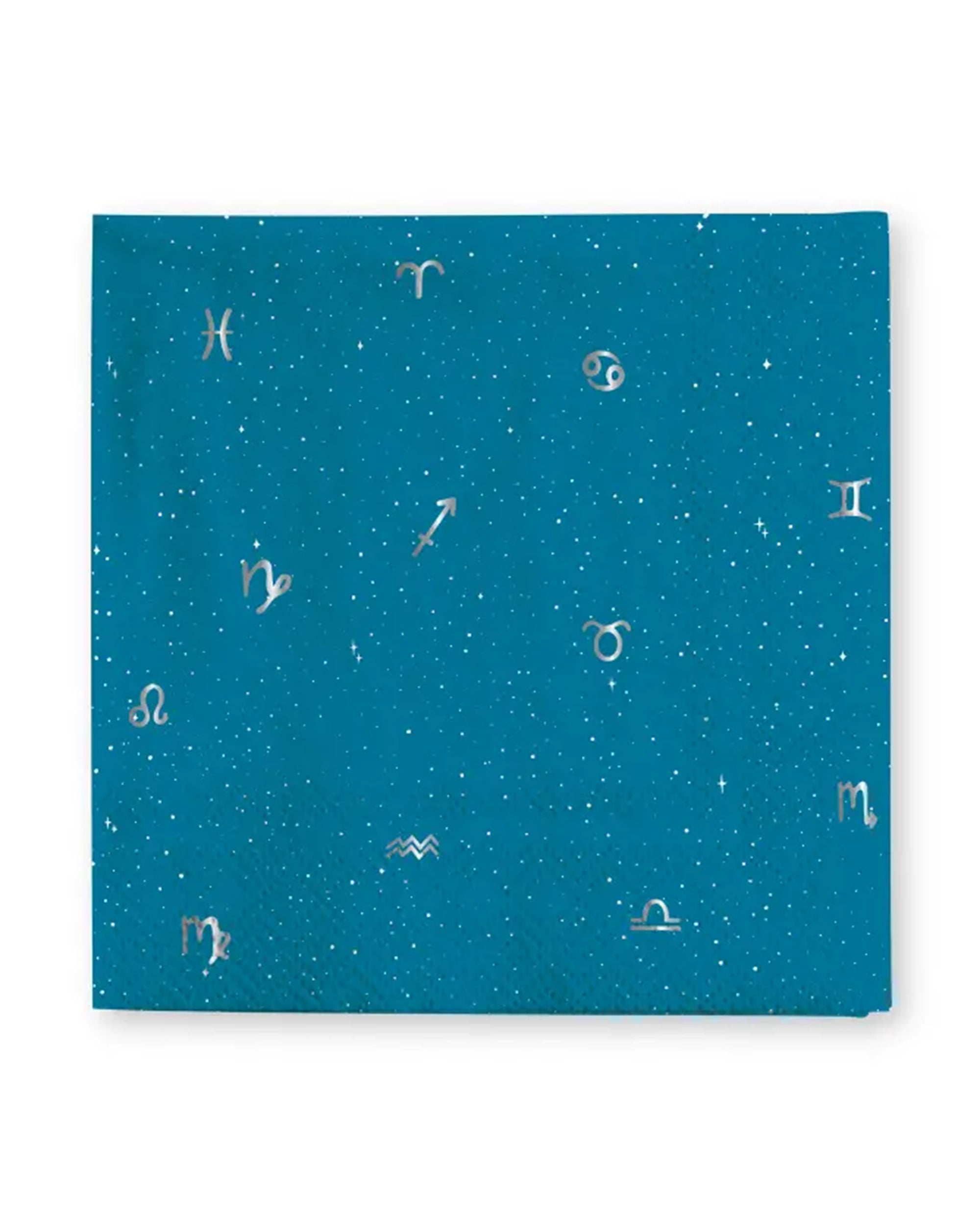 The Faire Zodiac Cocktail Napkins feature a blue background adorned with small white dots and an array of white zodiac signs scattered across the surface.