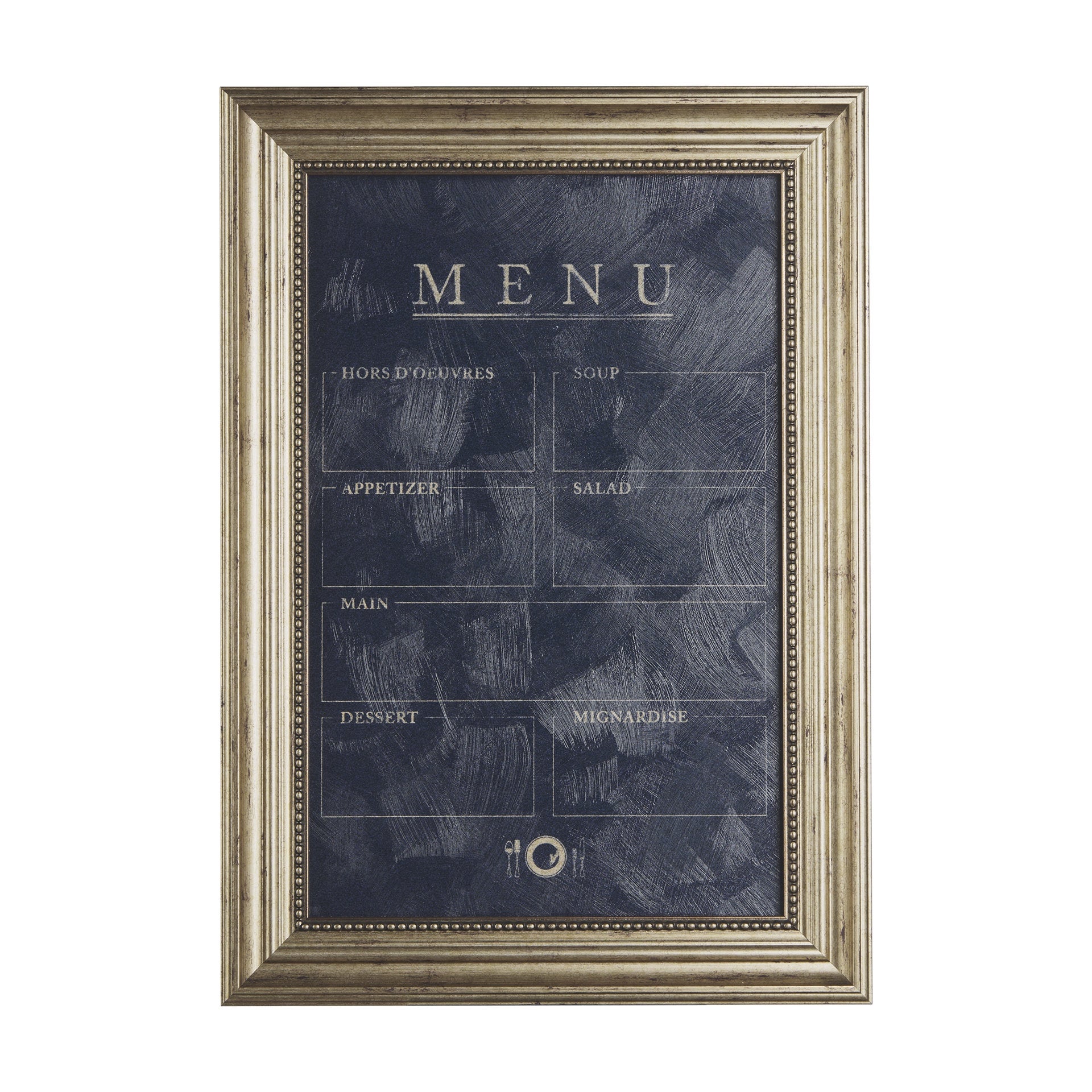 An elegant framed **Mercana Menu Art** with a vintage aesthetic on a textured blue background, featuring sections labeled &quot;Hors d&#39;Oeuvres,&quot; &quot;Soup,&quot; &quot;Appetizer,&quot; &quot;Salad,&quot; &quot;Main,&quot; *Dessert,* and *Mignardise.* Found in a Scottsdale Arizona b